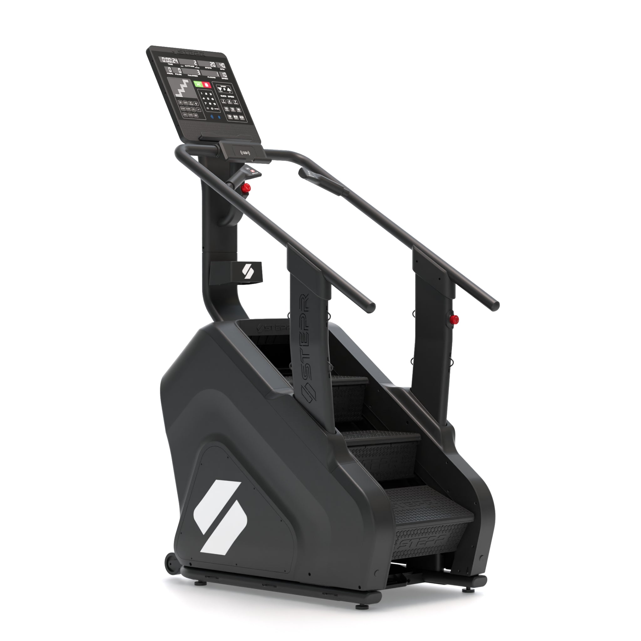 Angled view of the STEPR XL Classic stair climber with LED console, oversized steps, and durable black frame for home workouts.