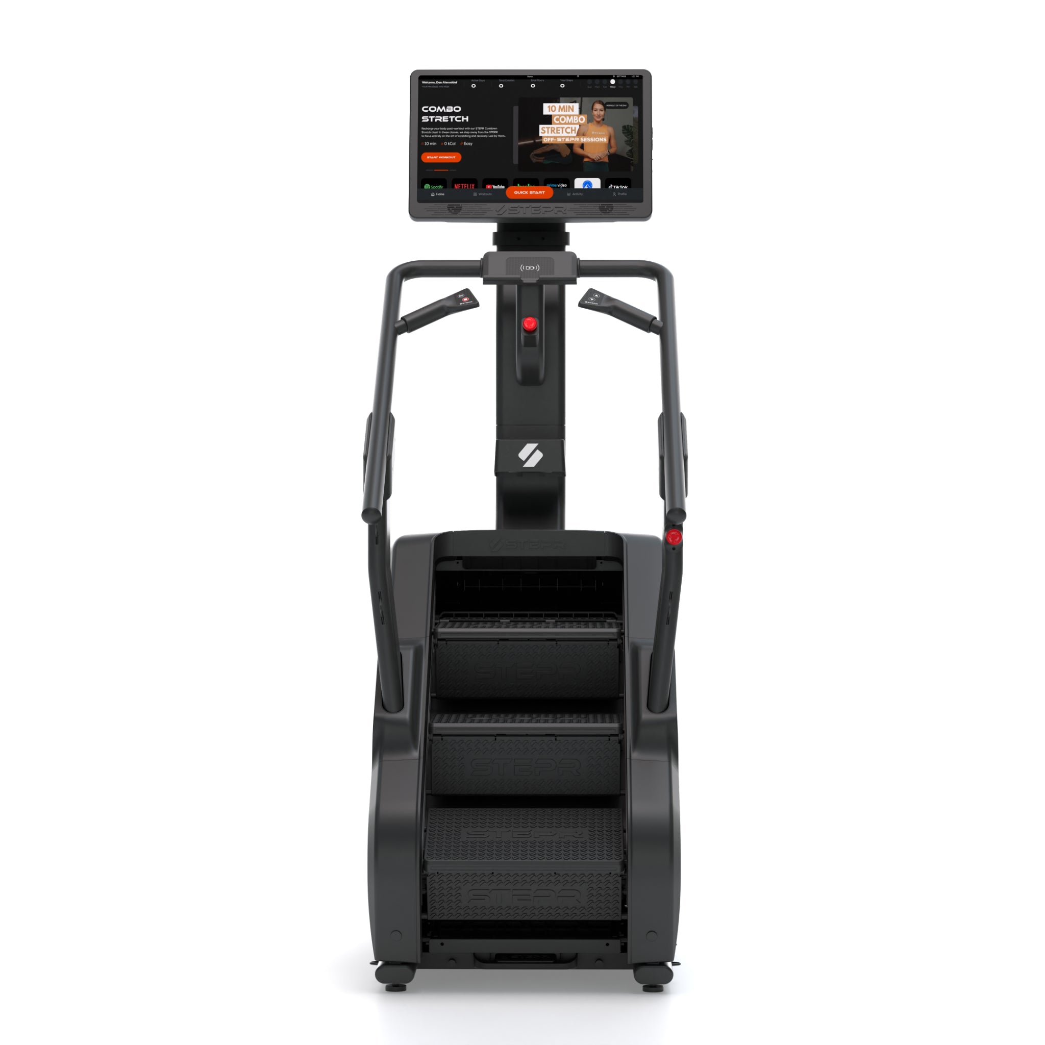 Front view of the STEPR XL+ stair climber with 27-inch HD touchscreen console, oversized floating steps, and durable black frame for advanced home fitness.