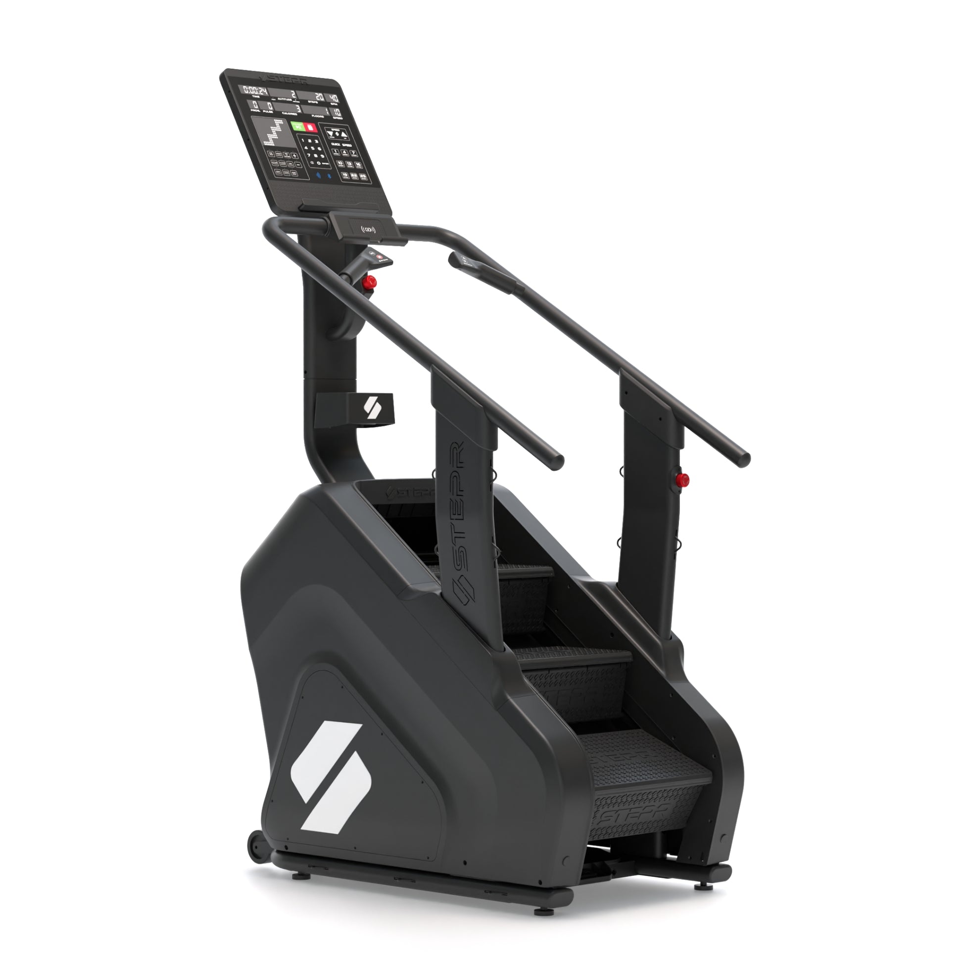 Angled view of the STEPR XL Classic stair climber with LED console, oversized floating steps, and durable black frame for home fitness.