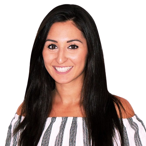Woman with long dark hair wearing a striped off-shoulder top on a white background