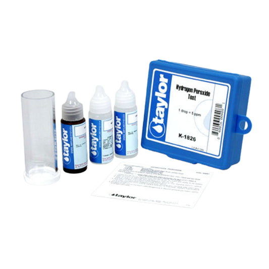 Taylor hydrogen peroxide pool and spa test kit with blue carrying case, test solutions, mixing tube, and instructions on a white background