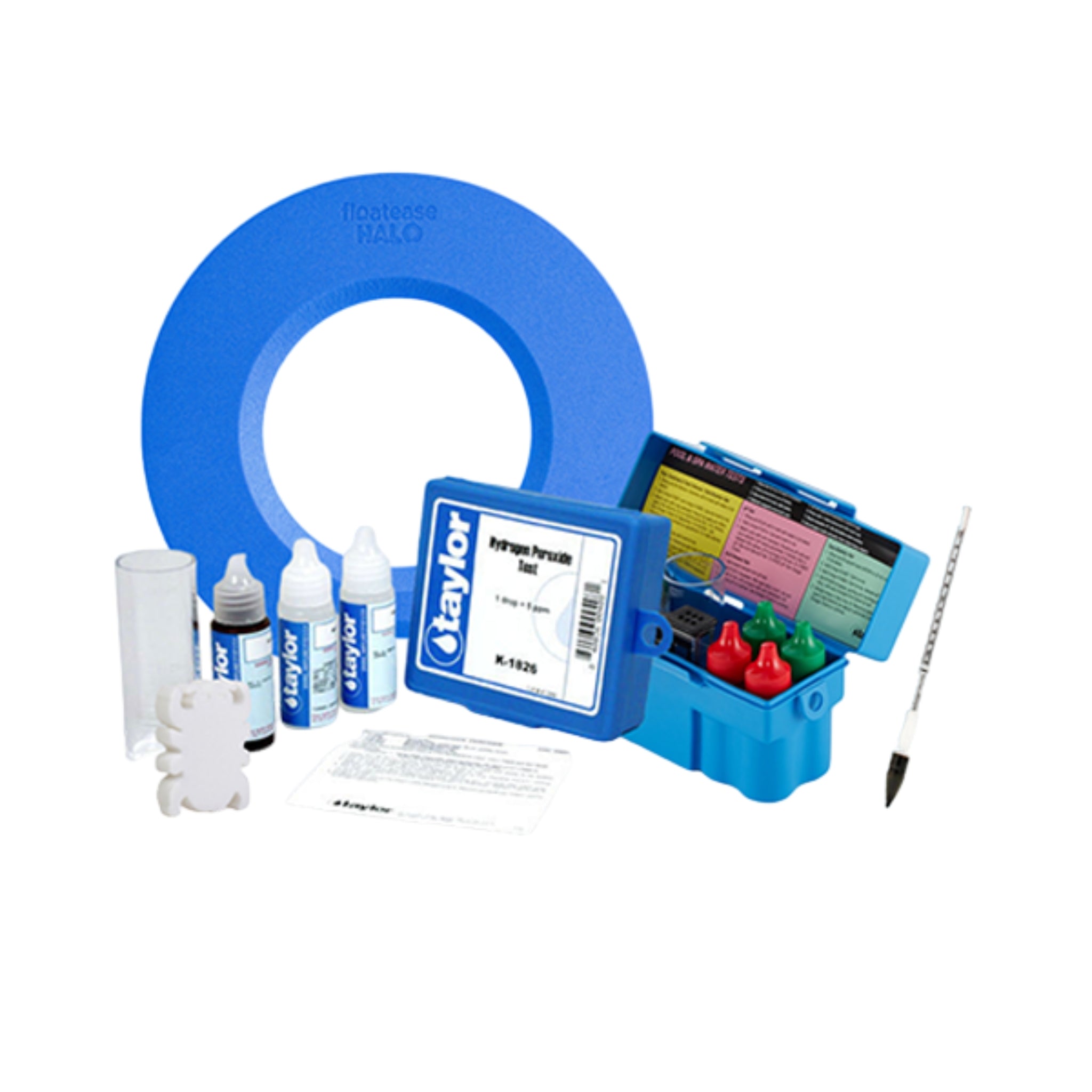 Taylor pool water test kit with blue carrying case, liquid reagents, testing tools, and accessories on a white background