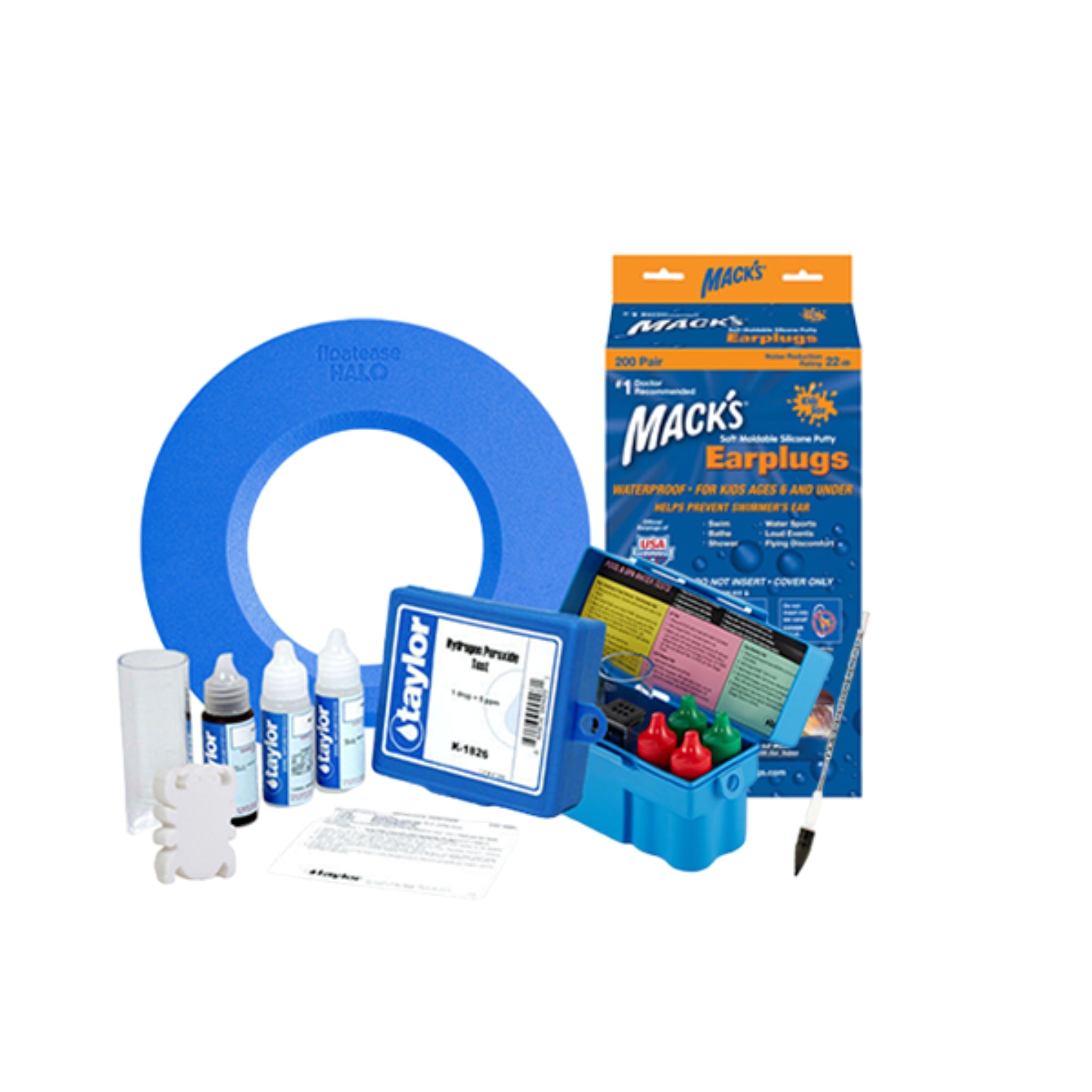 Pool water test kit with Mack’s earplugs for swimming, chlorine, pH, and alkalinity testing