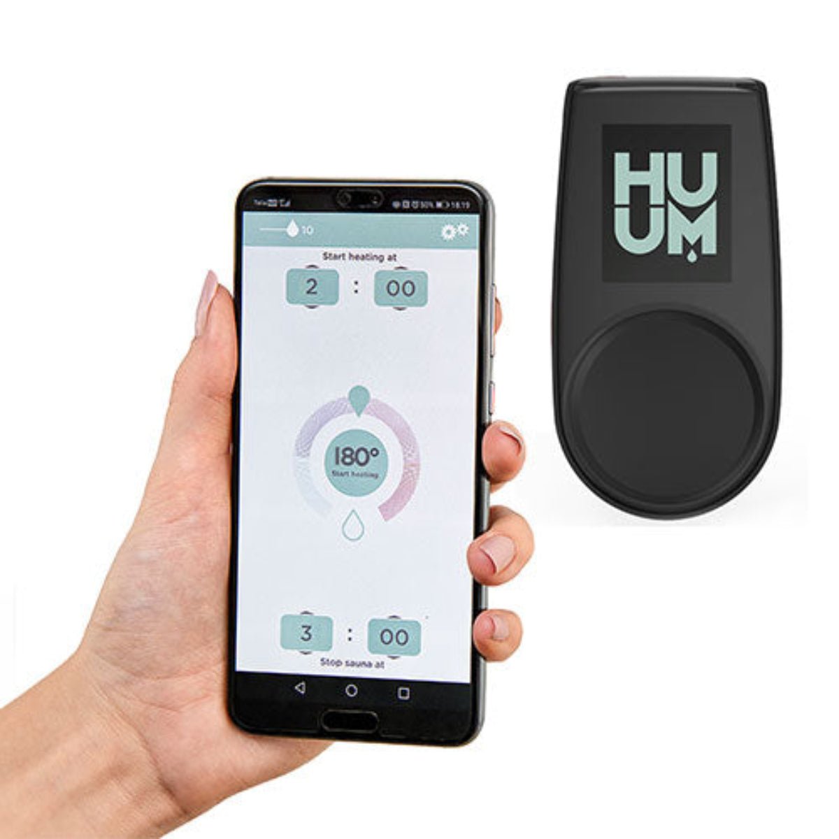 HUUM UKU Wi-Fi sauna controller shown with smartphone app interface