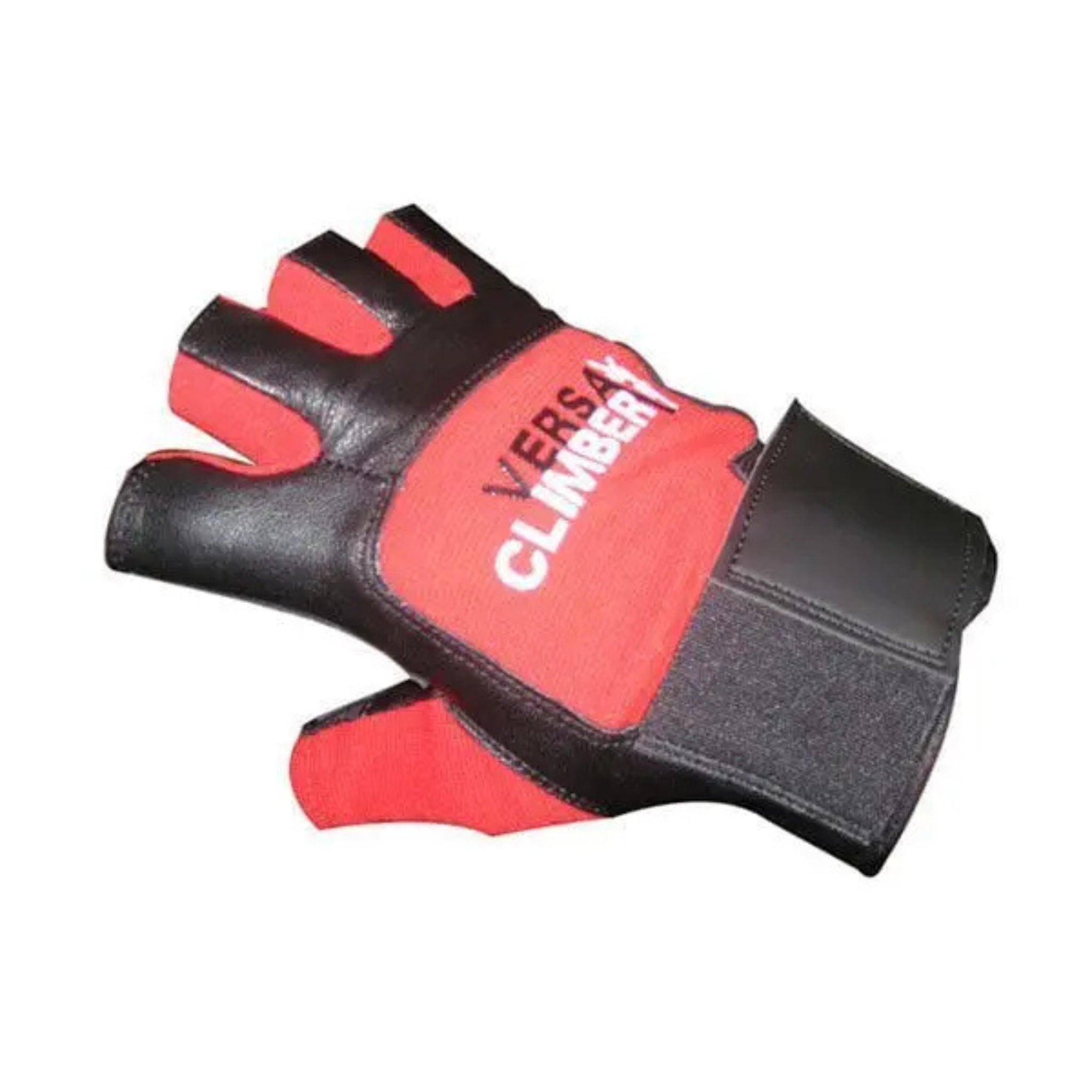 Red and black climbing glove with 'Versa Climber' branding on a white background