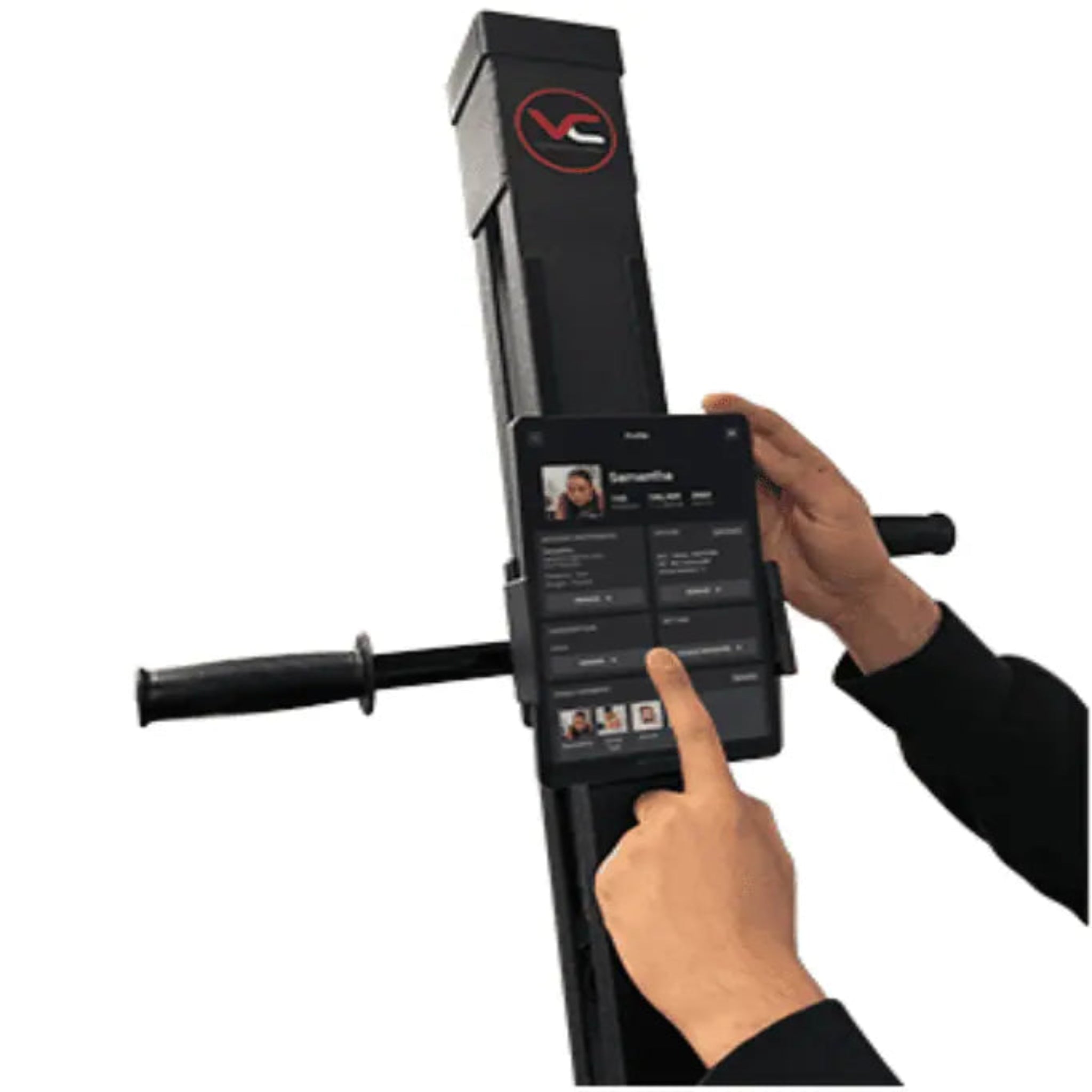 Person using a digital tablet on a fitness machine with a brand logo.