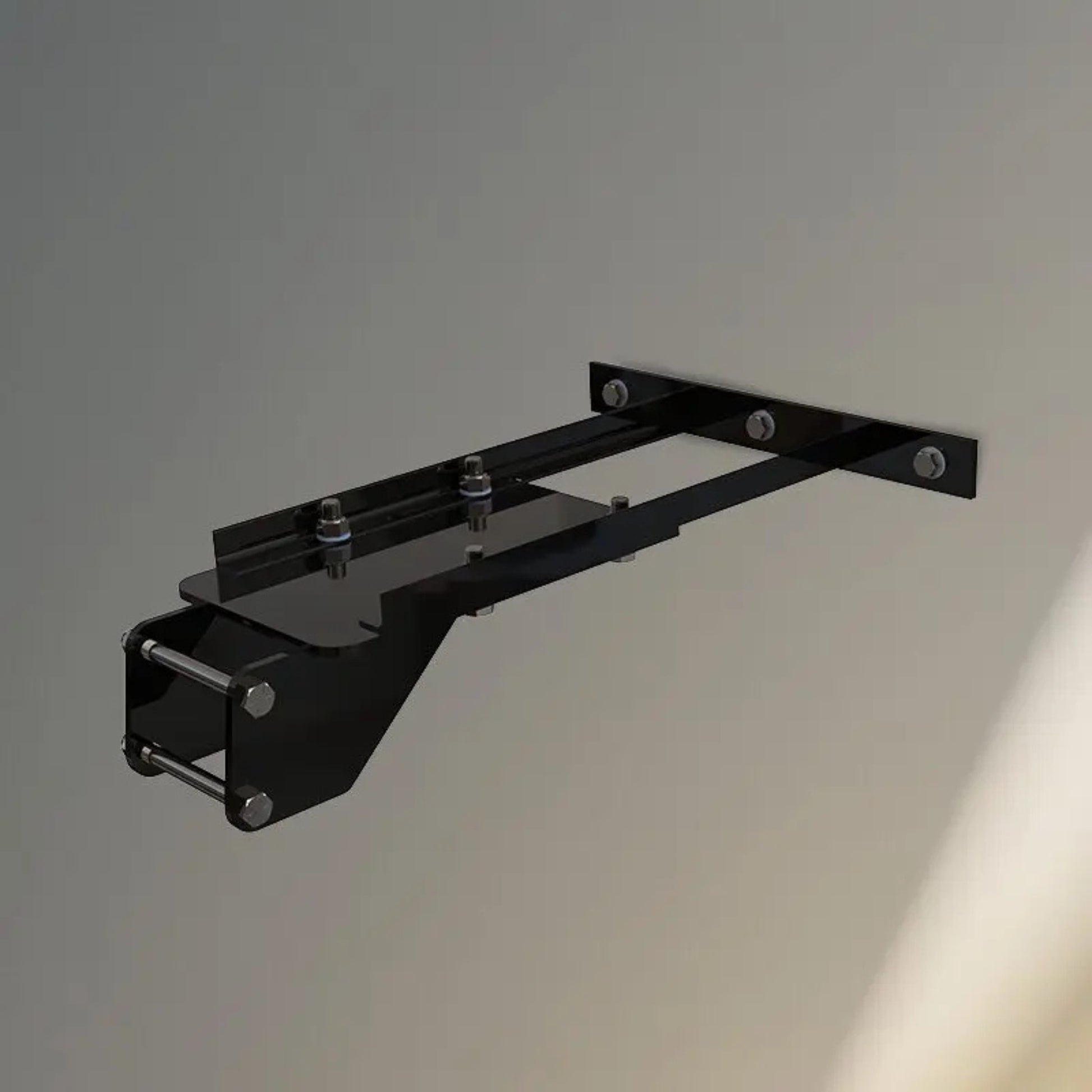 VersaClimber H/HP wall mount installation bracket in black steel finish, displayed against a neutral gray wall background, highlighting durable construction and secure mounting design