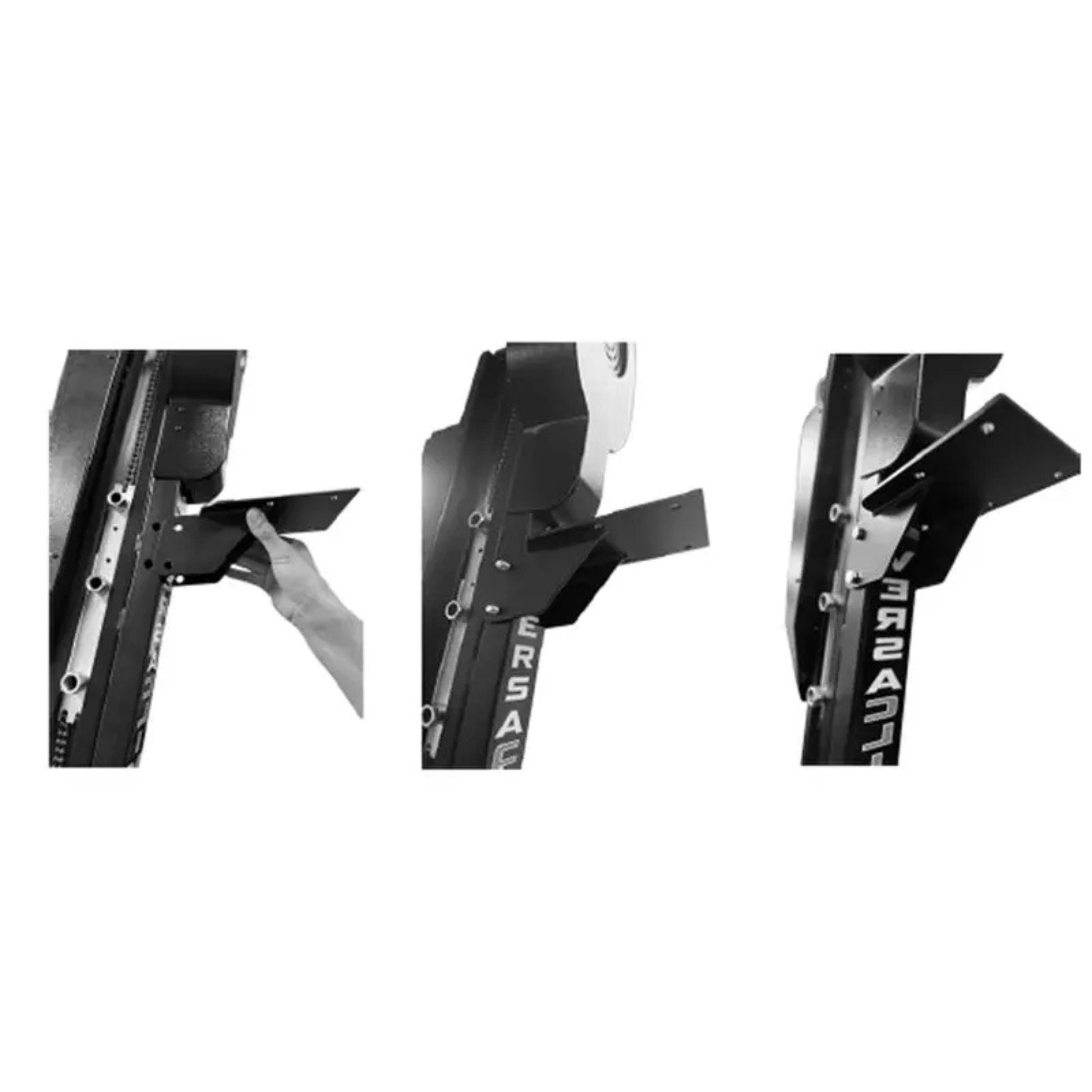VersaClimber H/HP wall mount bracket in black steel finish, shown in three close-up views against a clean white background for detailed installation reference