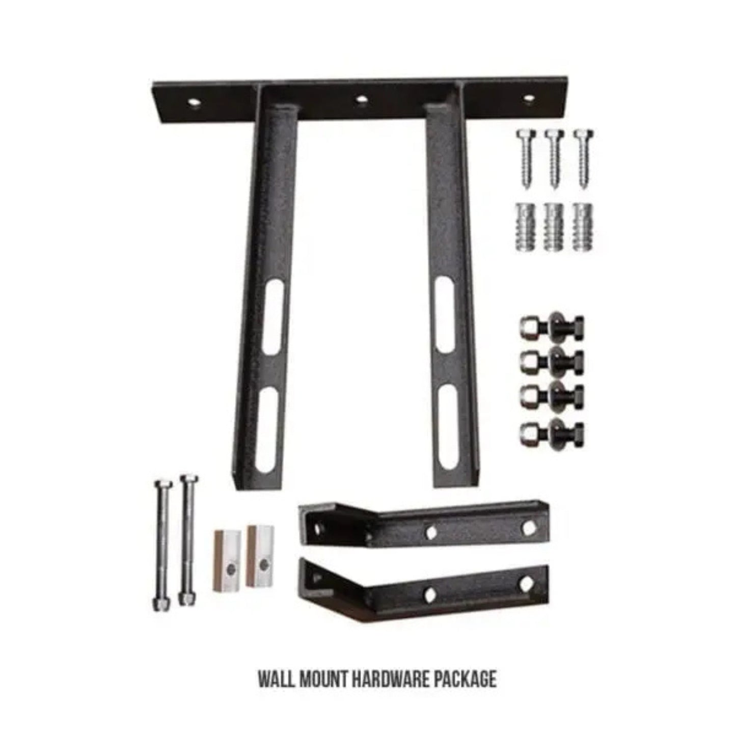 VersaClimber H/HP wall mount hardware package including steel brackets, screws, and mounting accessories, displayed on a clean white background for secure installation