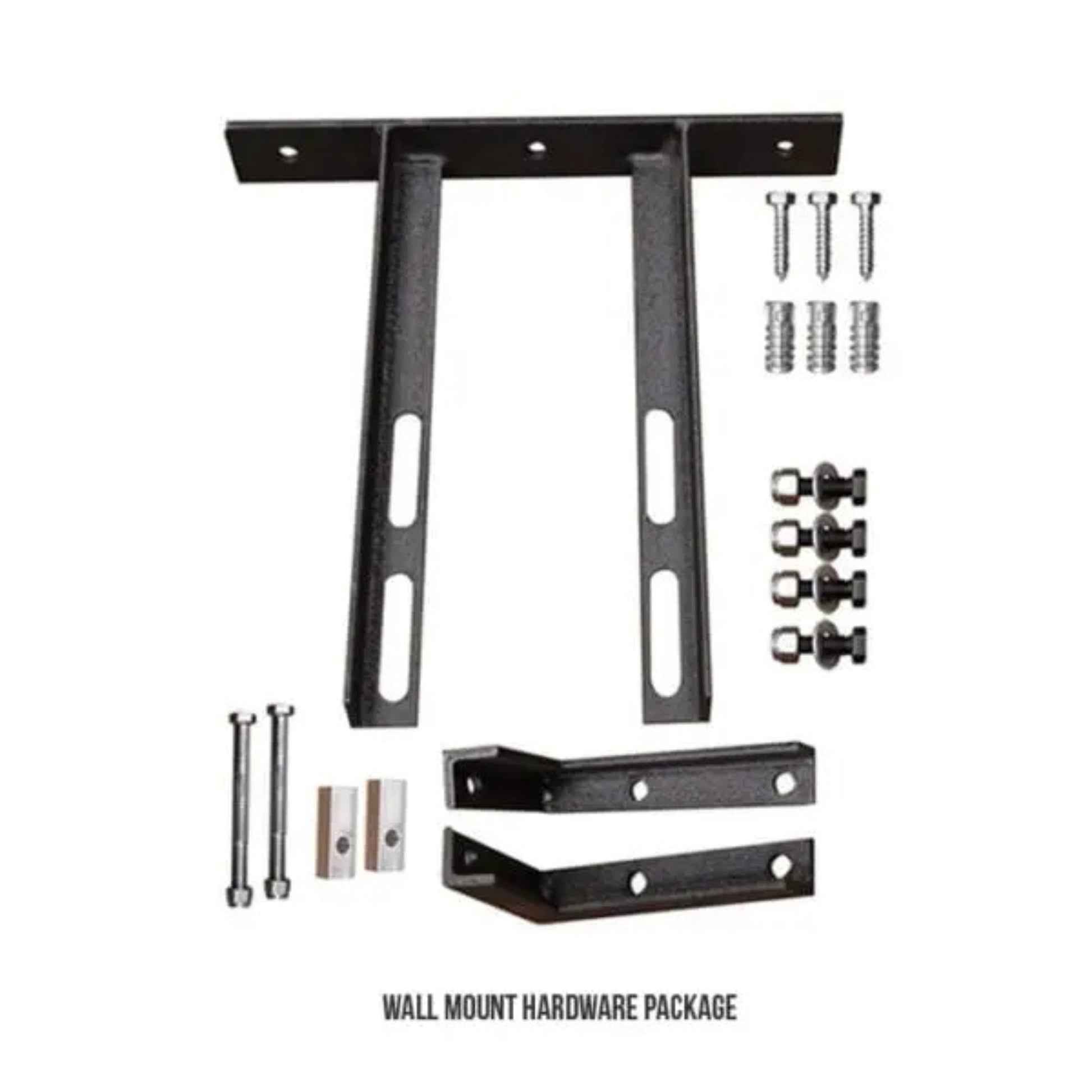 VersaClimber H/HP wall mount hardware package including steel brackets, screws, and mounting accessories, displayed on a clean white background for secure installation