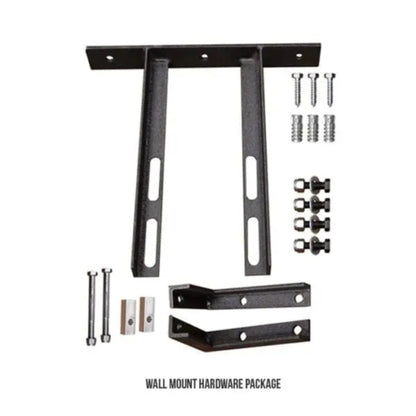 VersaClimber H/HP wall mount hardware package including steel brackets, screws, and mounting accessories, displayed on a clean white background for secure installation