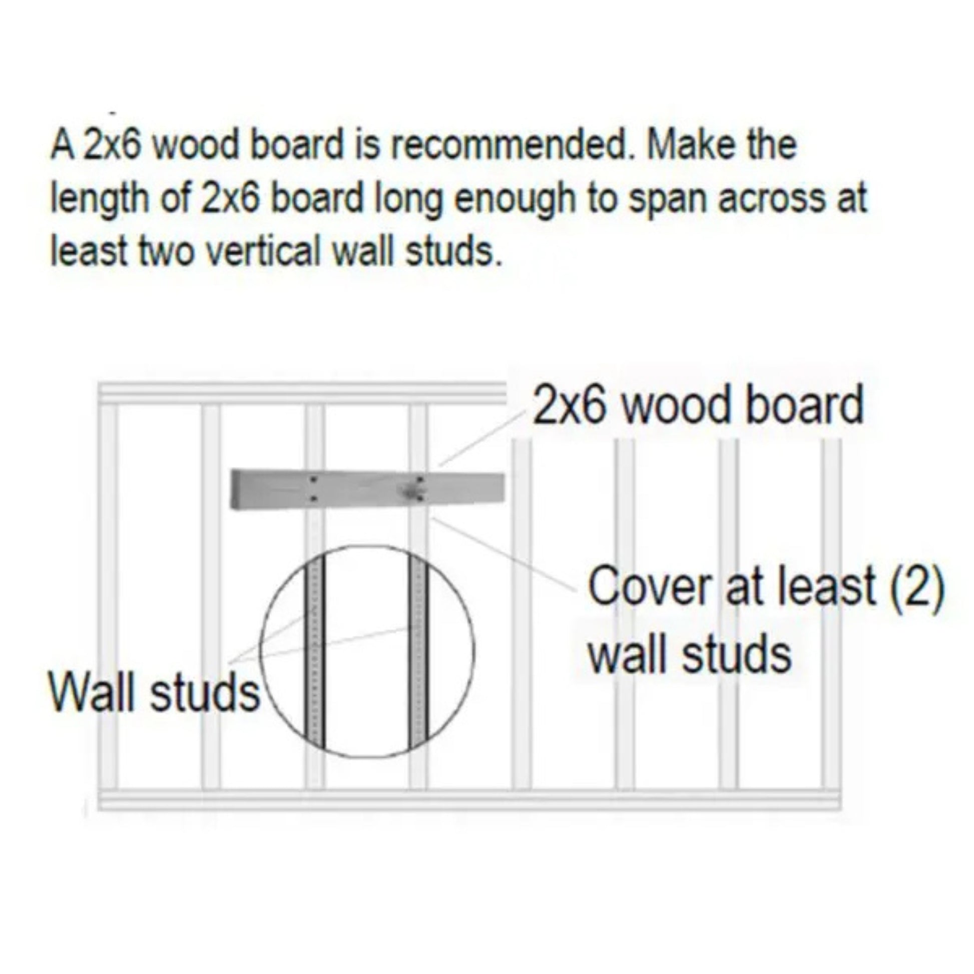 Installation diagram showing recommended 2x6 wood board spanning multiple wall studs for VersaClimber H/HP wall mount bracket setup, with labeled text instructions for secure mounting