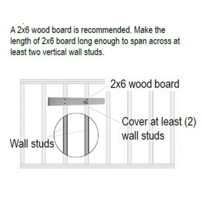 Installation diagram showing recommended 2x6 wood board spanning multiple wall studs for VersaClimber H/HP wall mount bracket setup, with labeled text instructions for secure mounting