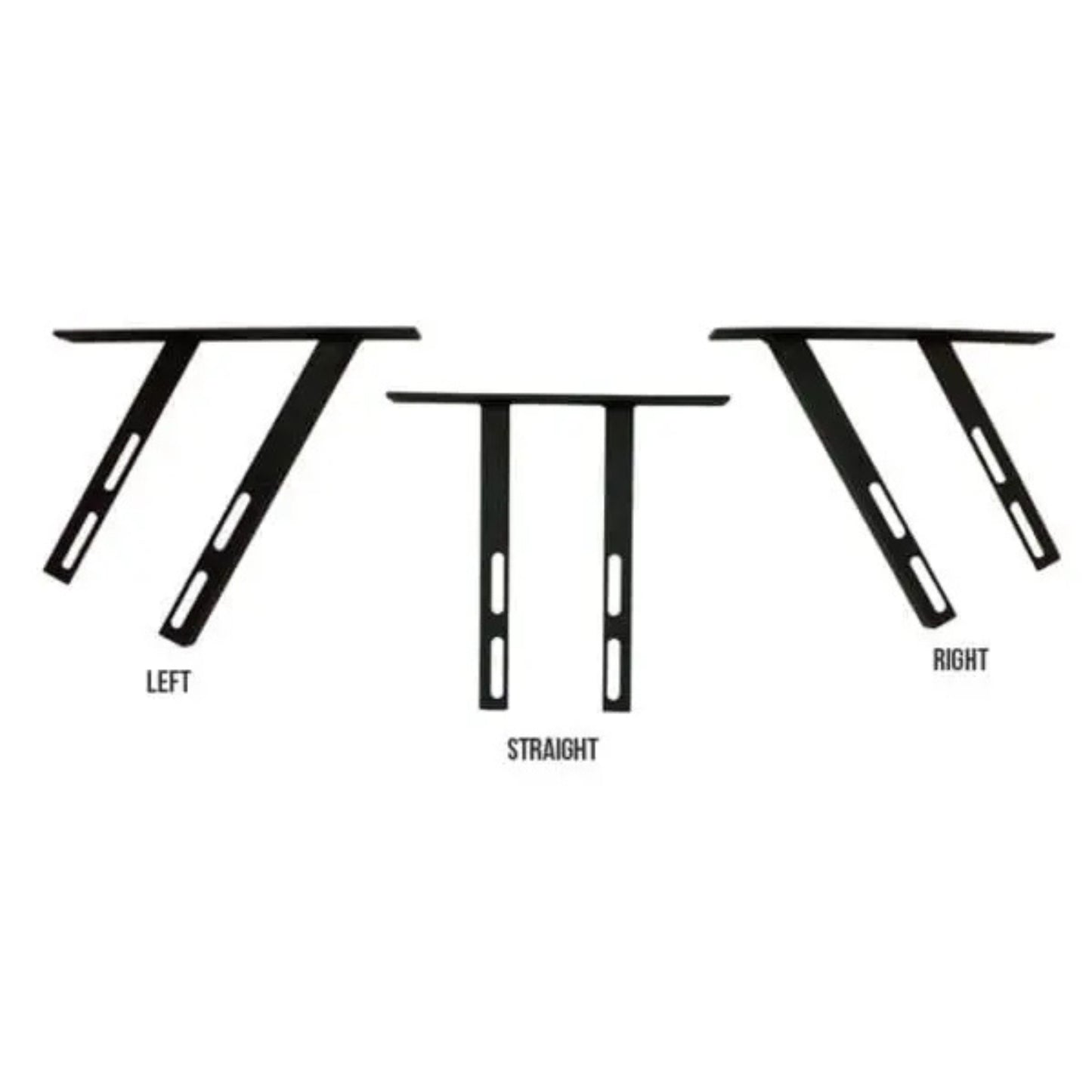 VersaClimber H/HP wall mount bracket set showing three variations—left, straight, and right—displayed on a clean white background with labeled orientations