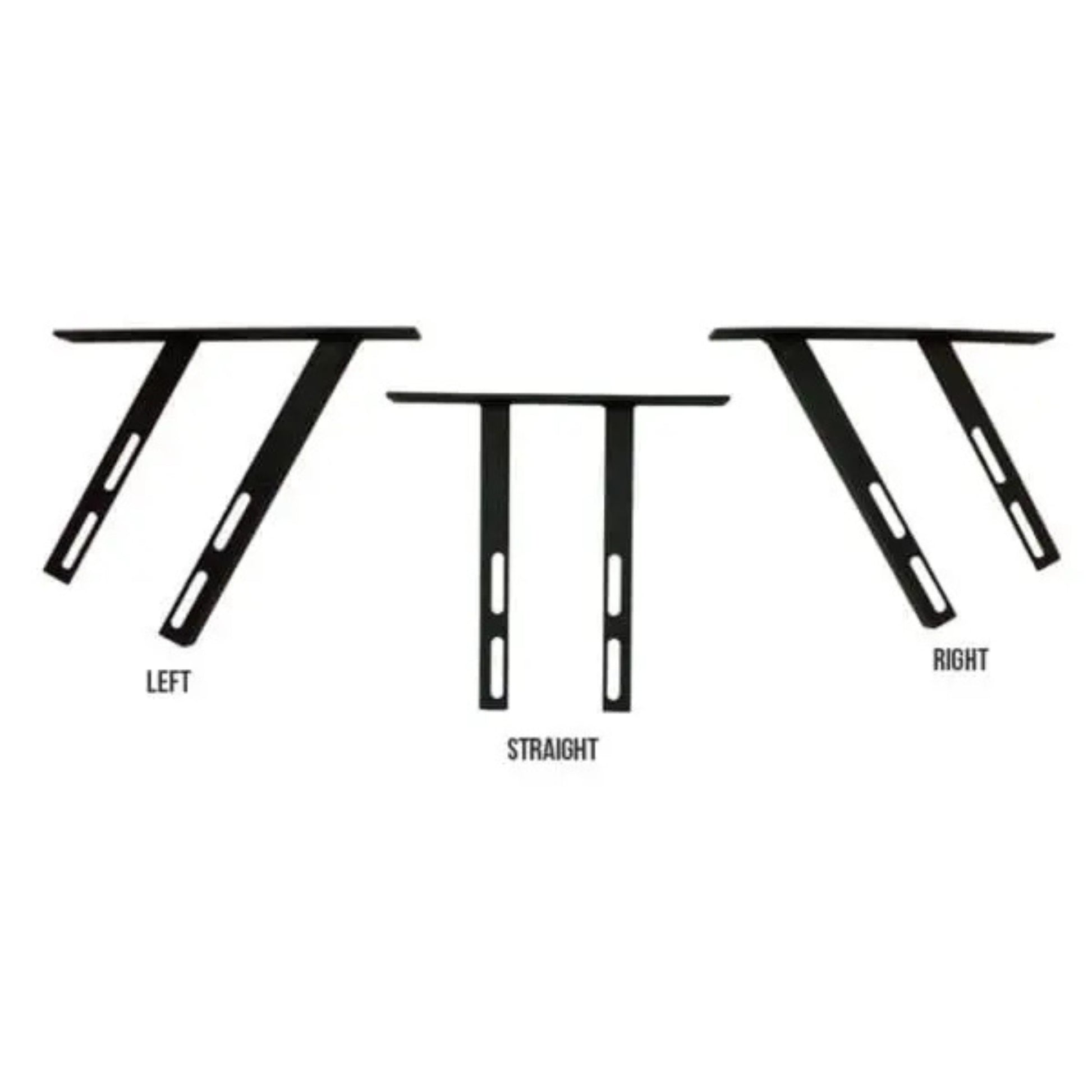 VersaClimber H/HP wall mount bracket set showing three variations—left, straight, and right—displayed on a clean white background with labeled orientations