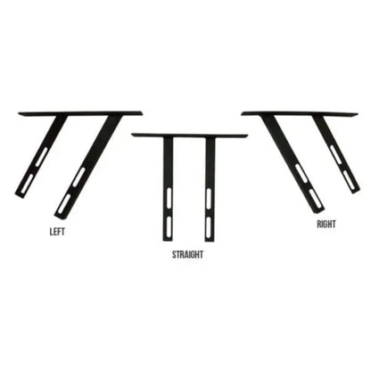 VersaClimber H/HP wall mount bracket set showing three variations—left, straight, and right—displayed on a clean white background with labeled orientations
