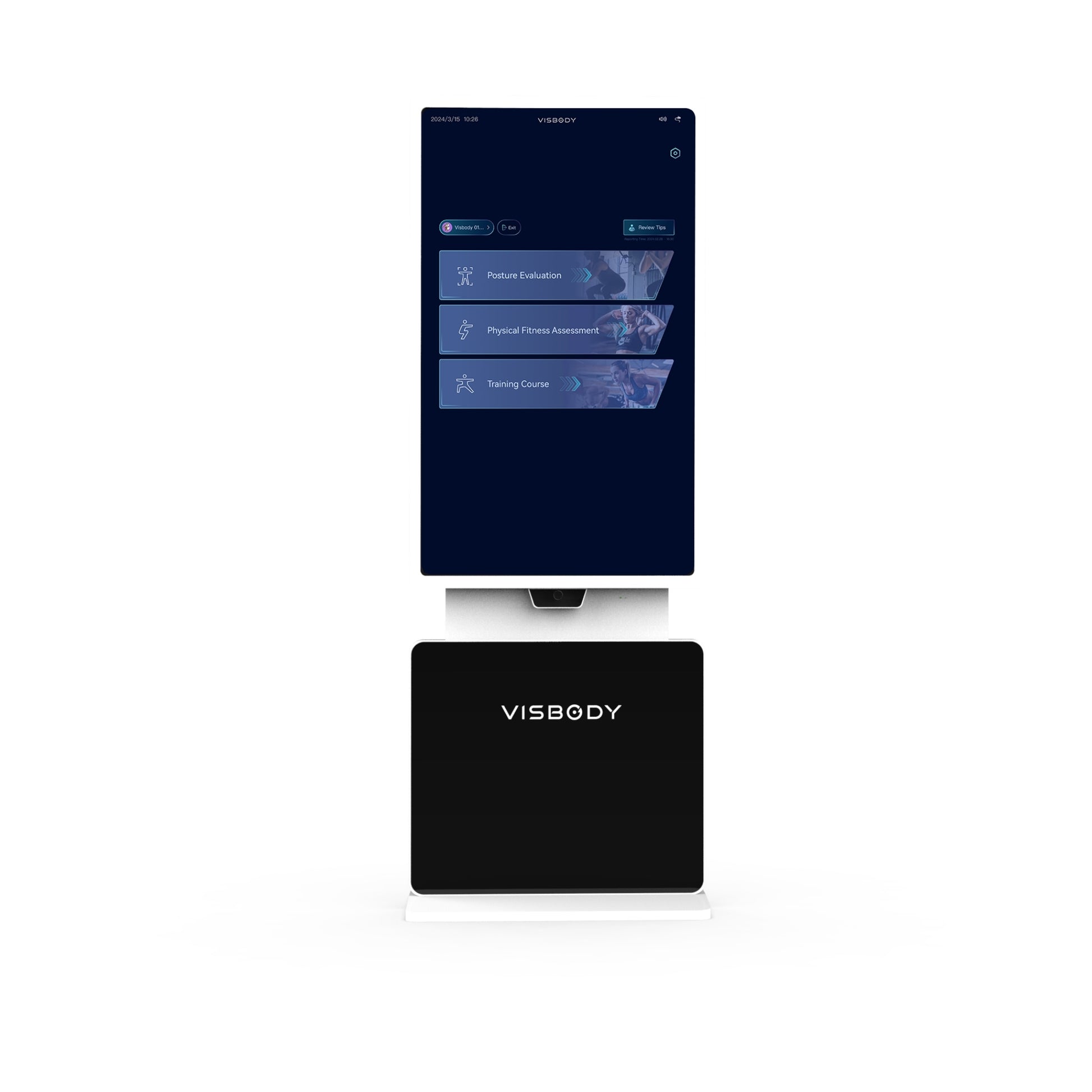 Visbody T30 3D body scanner with AI-powered fitness and posture assessment software interface displayed on screen against a white background
