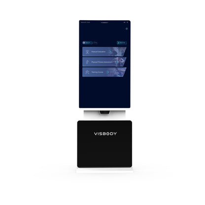 Visbody T30 3D body scanner with AI-powered fitness and posture assessment software interface displayed on screen against a white background