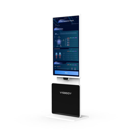 Visbody T30 AI-powered 3D body scanner with large digital display for fitness and posture analysis on a white background