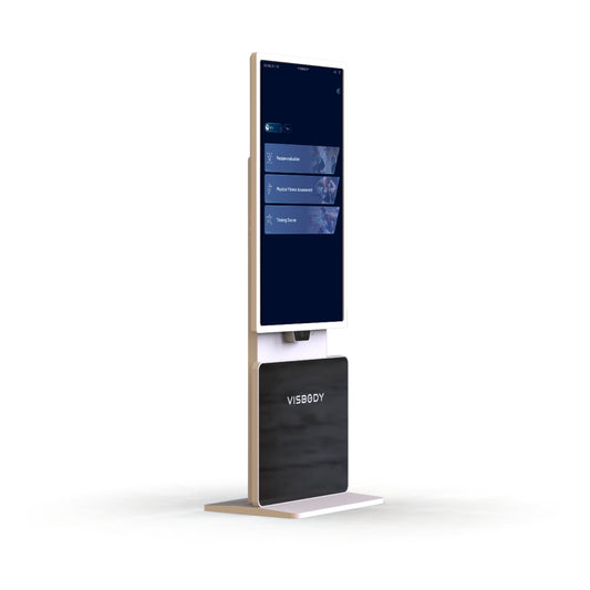 Visbody T30 advanced 3D body scanner and posture analyzer kiosk with large display screen on a white background