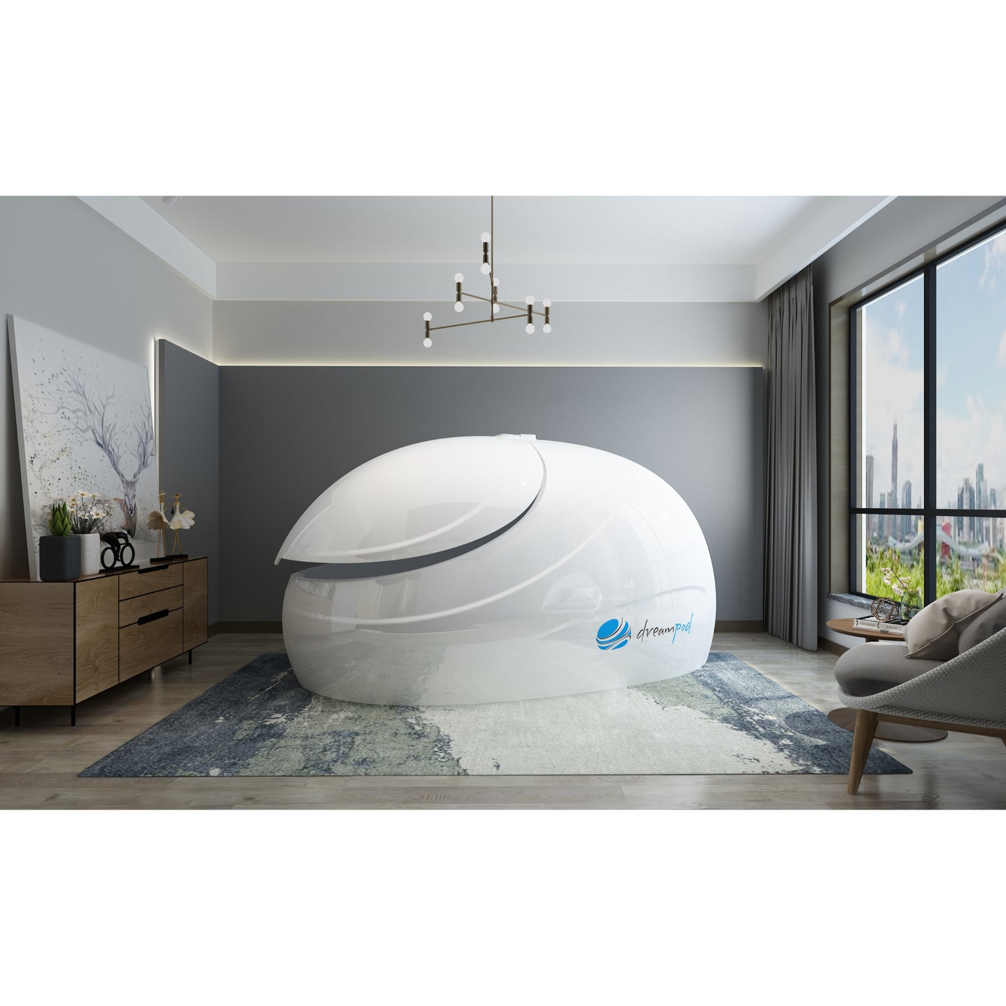 Sleek white float pod with canopy lid placed in a modern wellness room with large windows, wood flooring, and contemporary décor