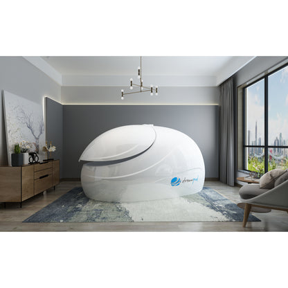 Sleek white float pod with canopy lid placed in a modern wellness room with large windows, wood flooring, and contemporary décor