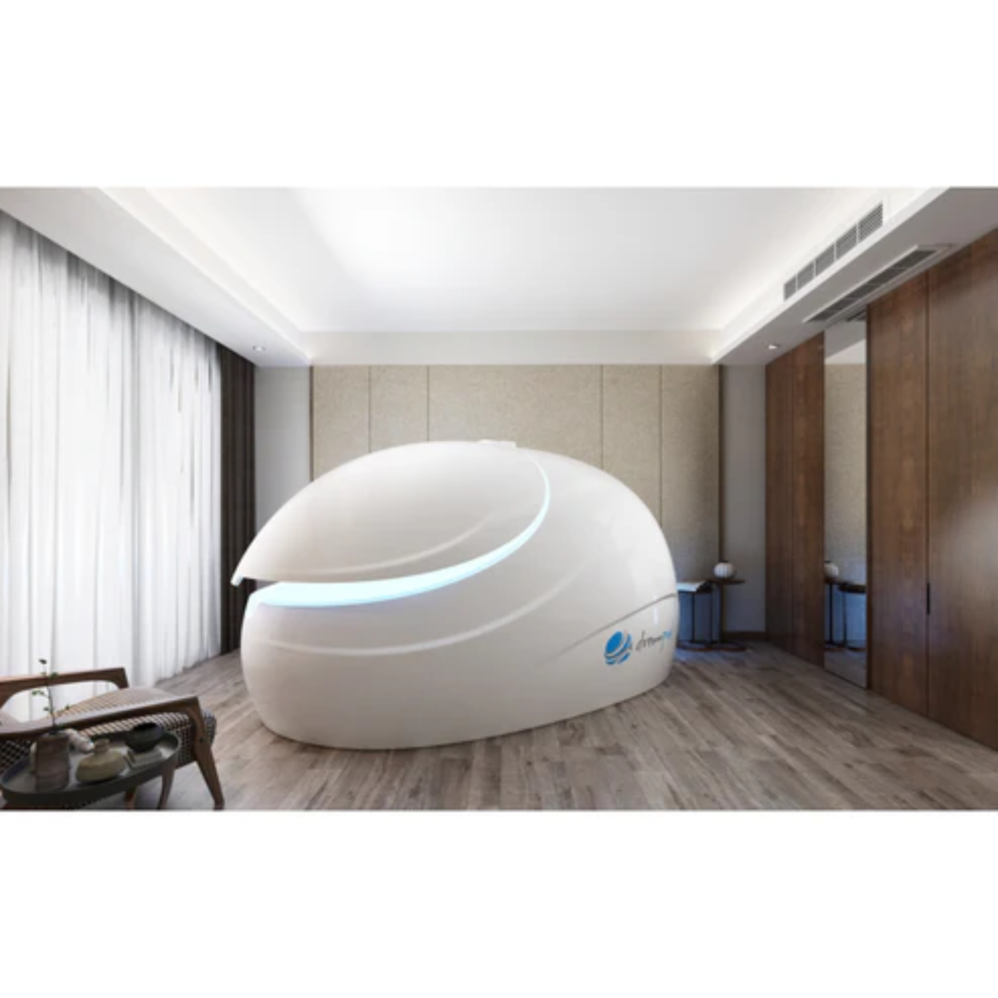 Modern white float pod with canopy lid and blue LED accent lighting, placed in a wellness room with wood flooring and curtains