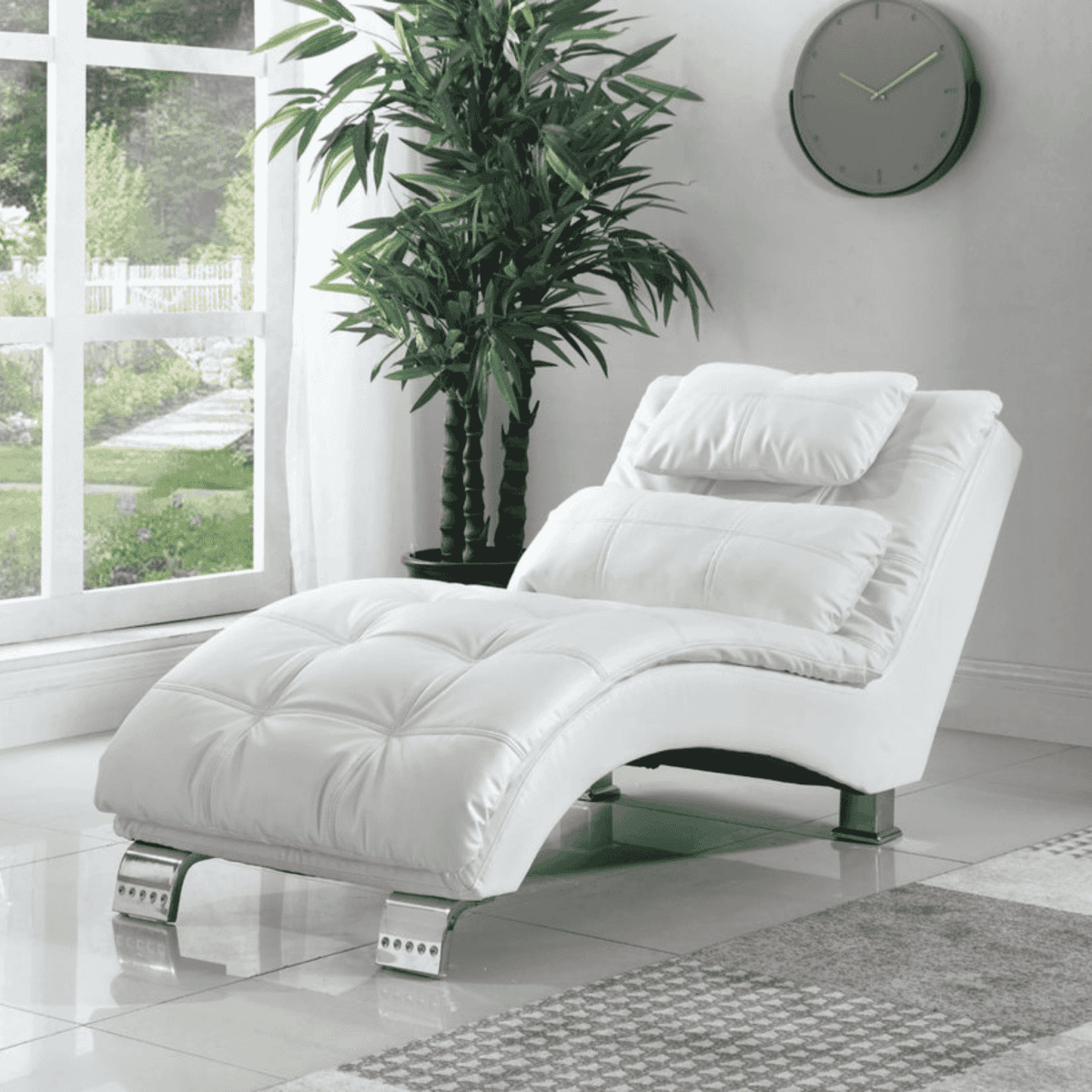 Harmonic Frequency Massage Chaise lounge chair with upholstered seating and metal frame in a modern room