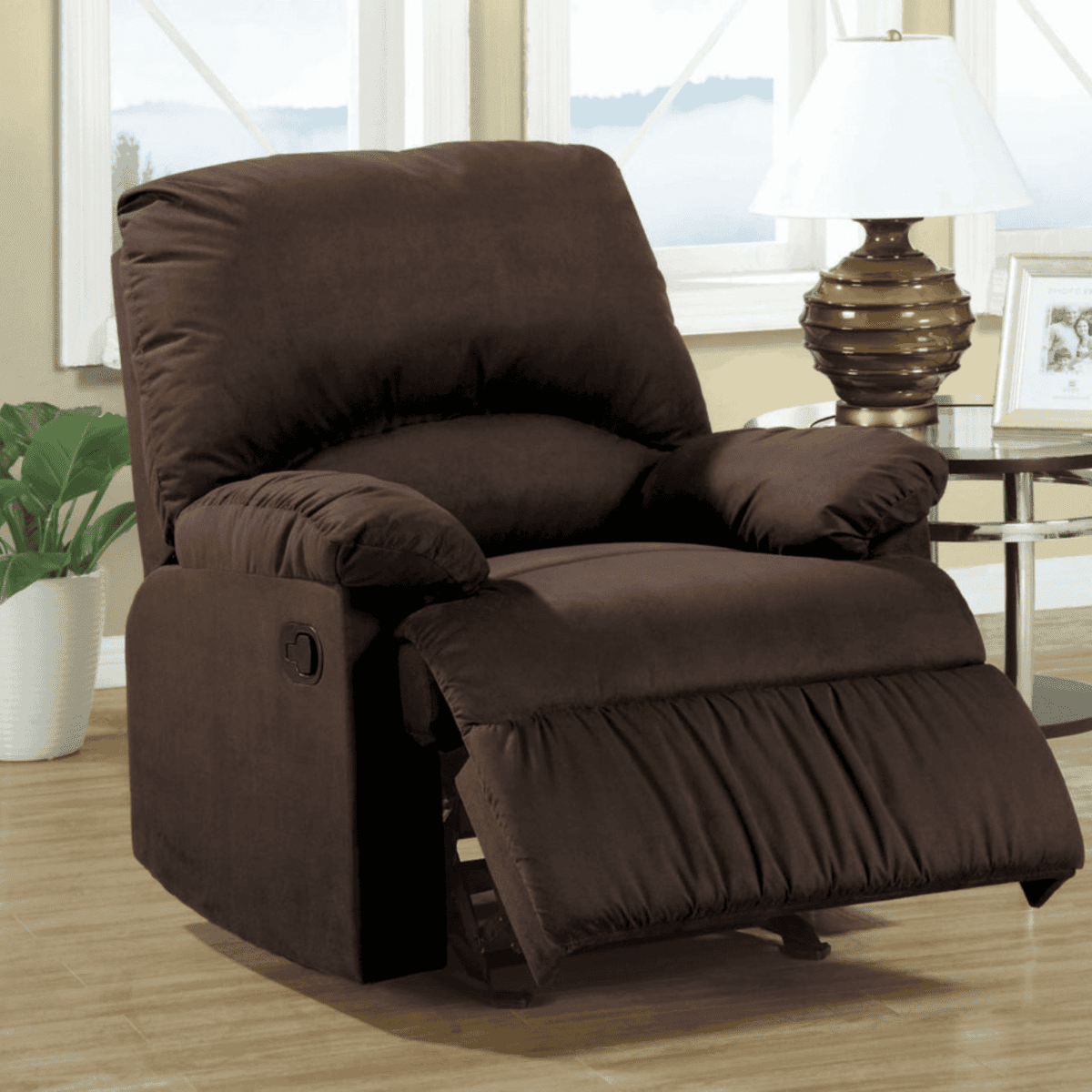 Harmonic Frequency Massage Microfiber Recliner chair in brown with padded seating in a living room setting