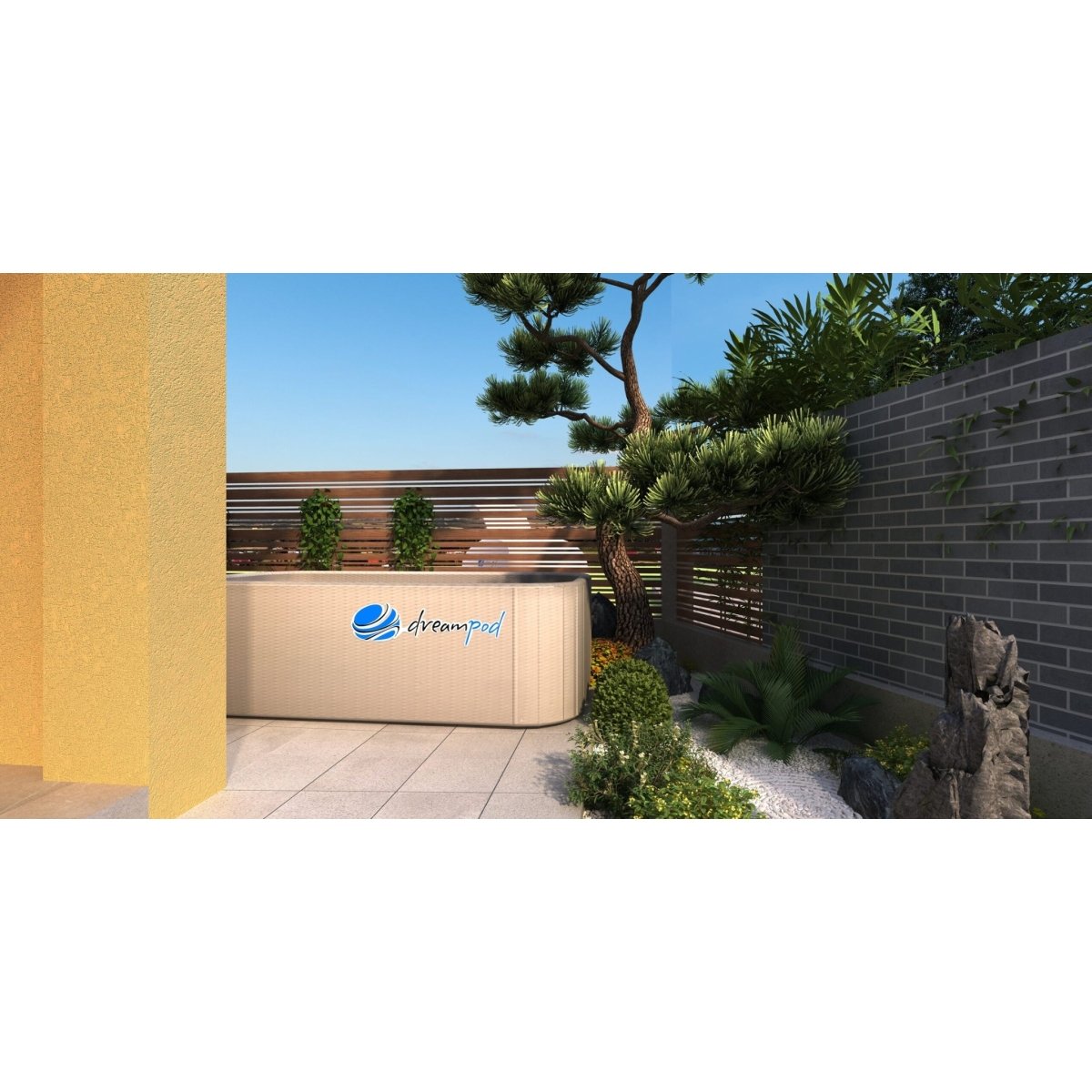 Dreampod outdoor float pool with privacy wall, trees, and landscaped garden setting