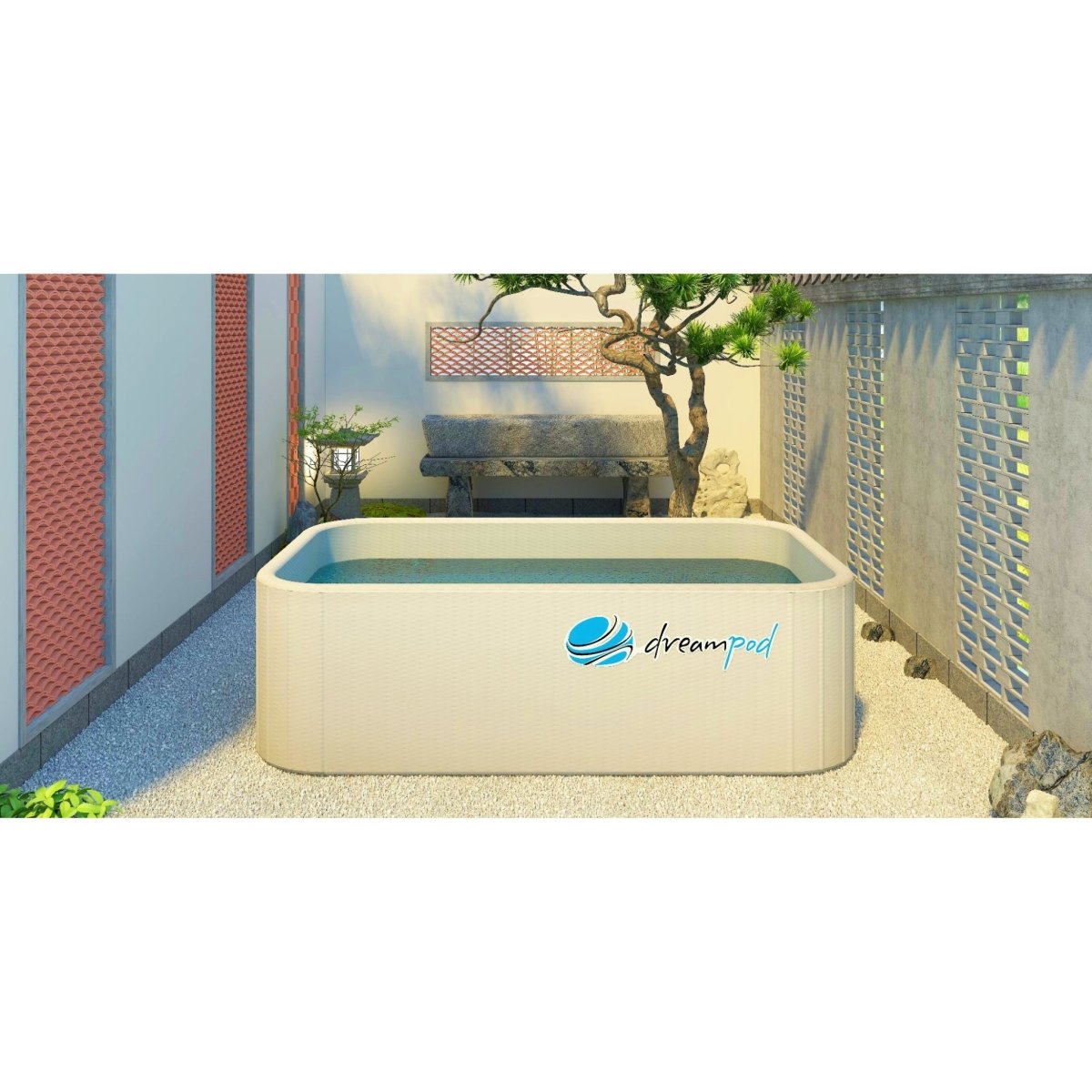 Dreampod rectangular ice bath with white exterior and logo, placed in an outdoor courtyard setting with trees and stone flooring