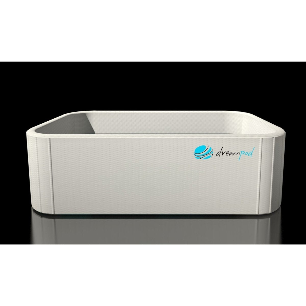 Minimalist Dreampod rectangular float pool in white finish displayed against a black background
