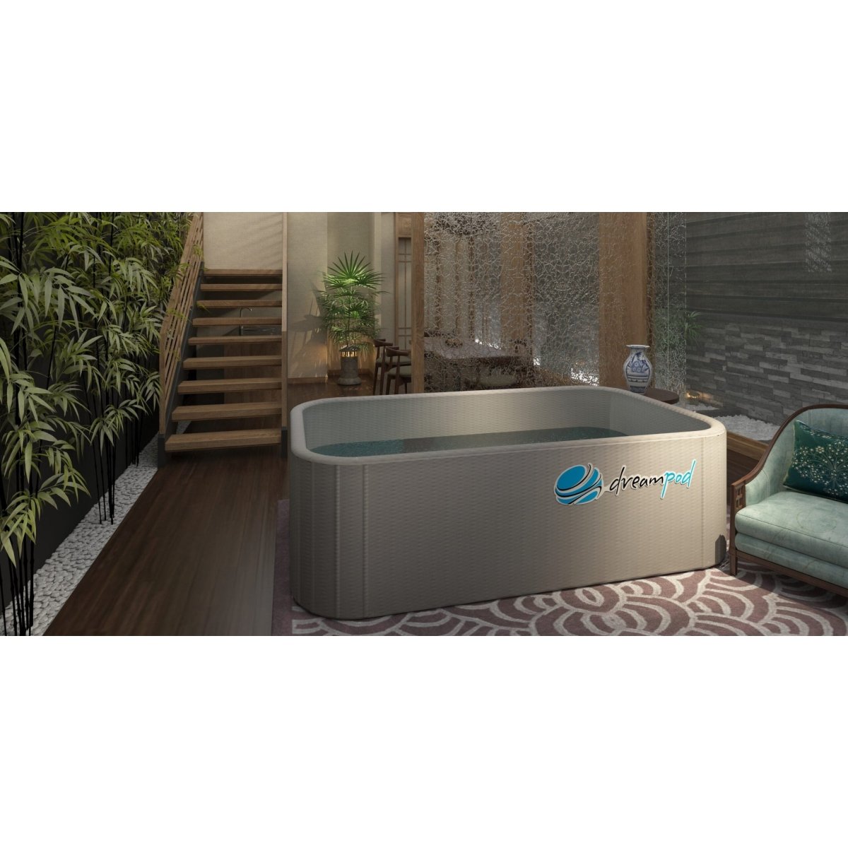 Dreampod indoor float pool beside staircase and lounge chairs in a contemporary spa setting