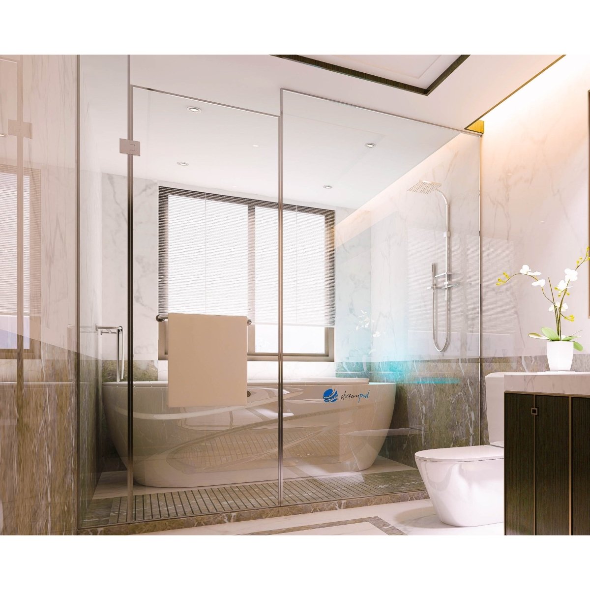 Dreampod Mineral Soaker with sleek white design installed in a modern bathroom with glass shower and marble walls