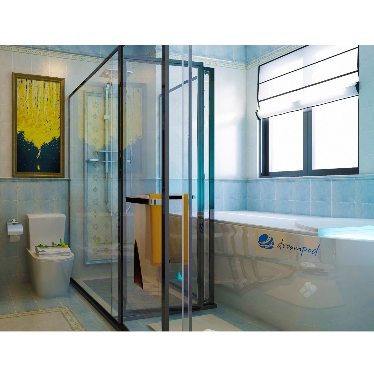Dreampod Mineral Soaker with white exterior installed in a compact bathroom with glass enclosure and blue-tiled walls