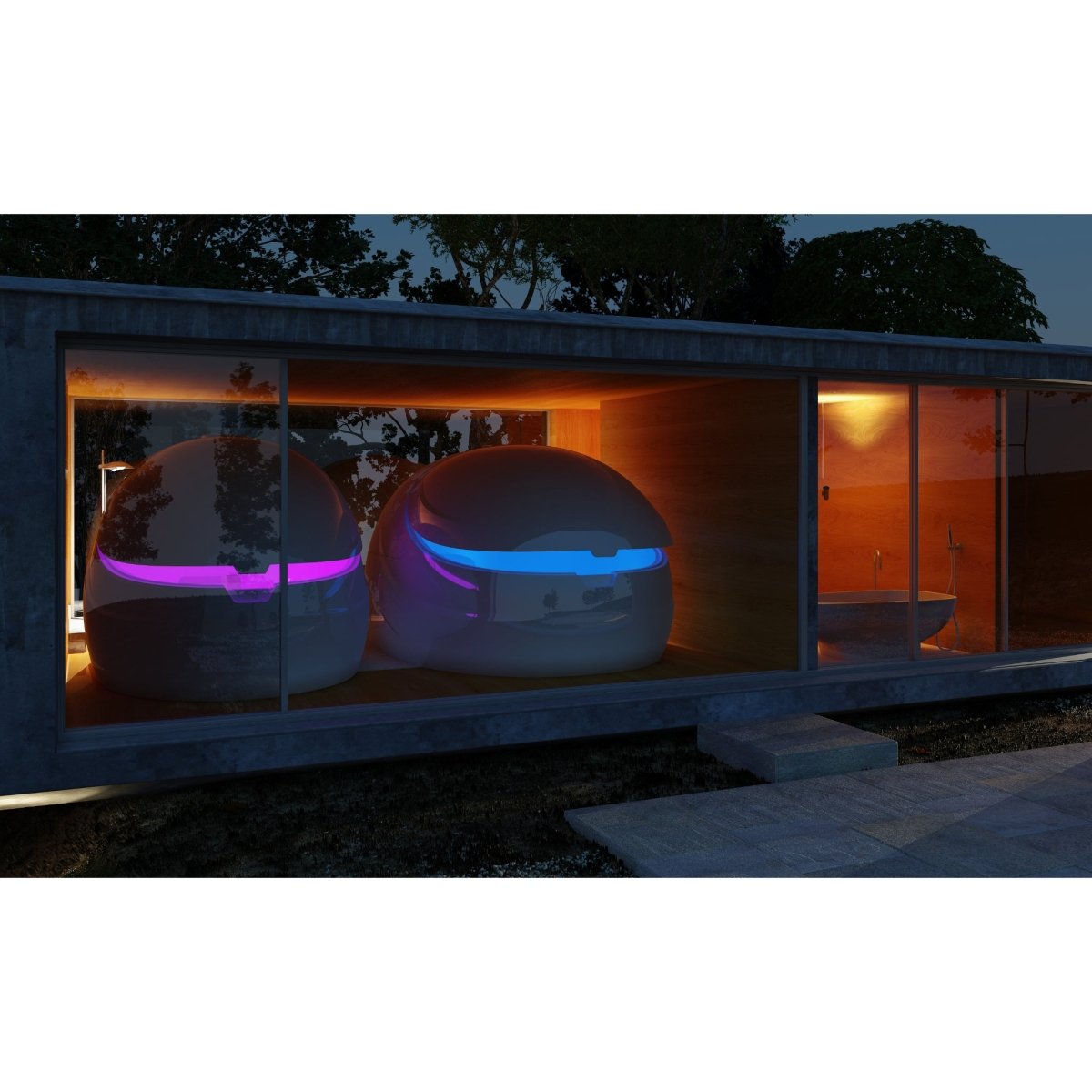Two Dreampod float pods with glowing LED accent lighting, showcased inside a modern glass-walled wellness room at night for relaxation therapy