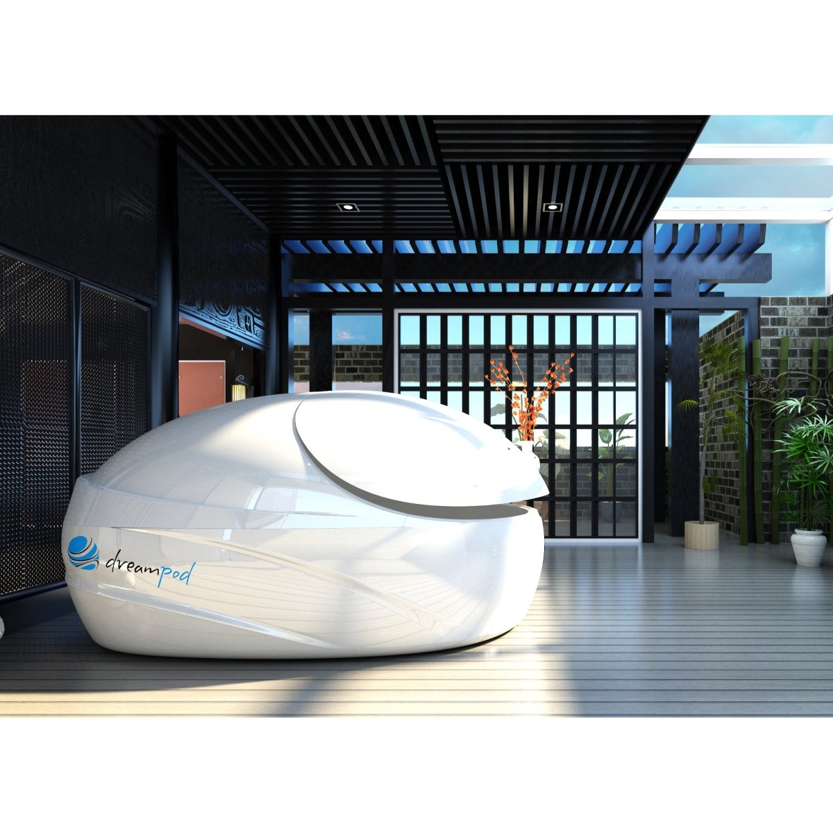 Dreampod float pod with sleek white finish placed in a modern indoor wellness space with wood flooring, open ceiling beams, and natural light for relaxation therapy