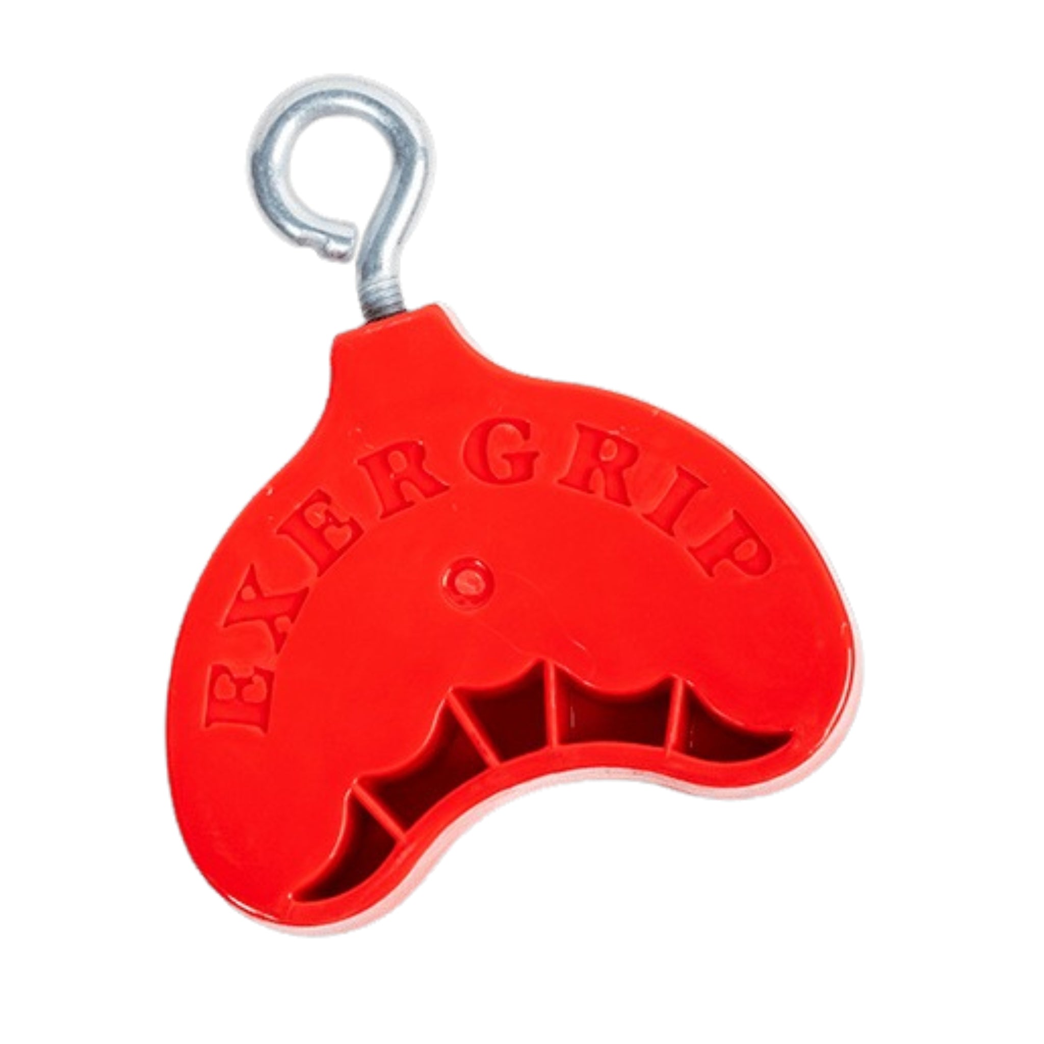 Back view of EXERGRIP red hand trainer featuring logo and ergonomic design for cable resistance systems