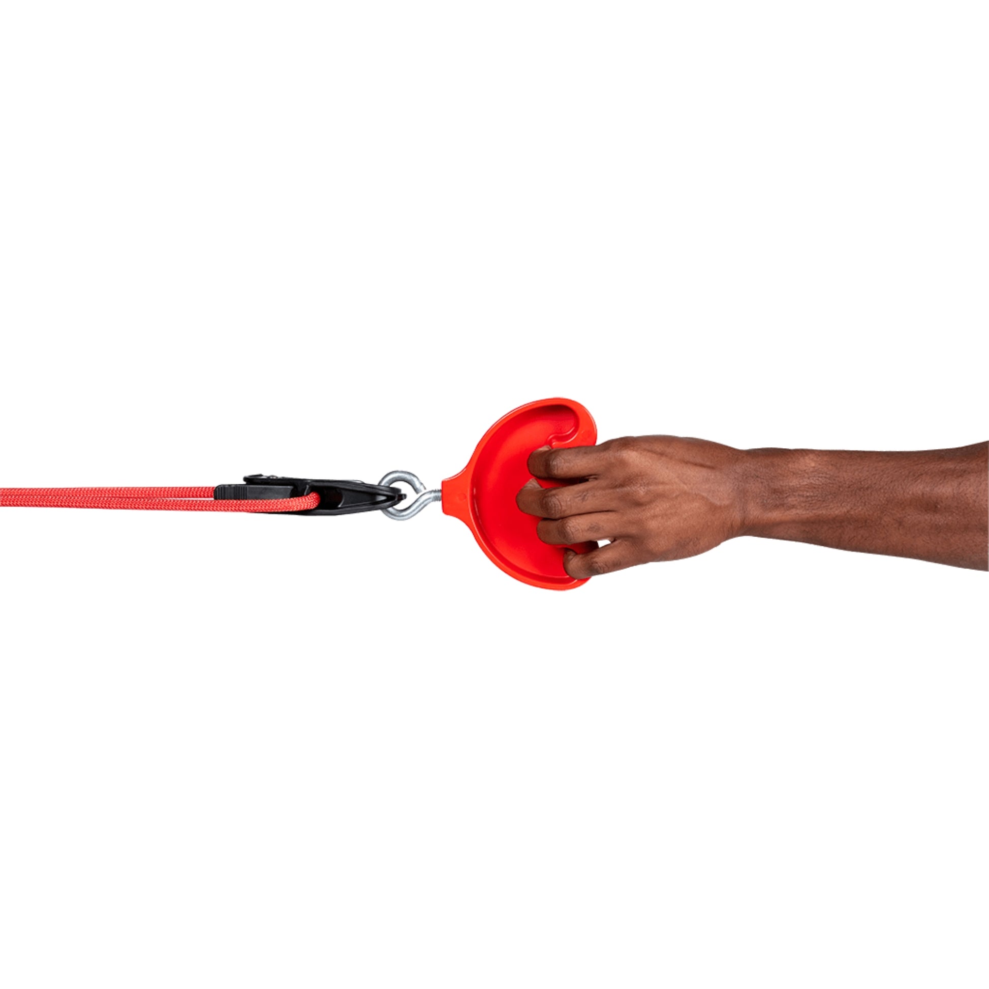 Close-up of EXERGRIP grip tool held in hand, attached to resistance band for hand strength and finger activation

