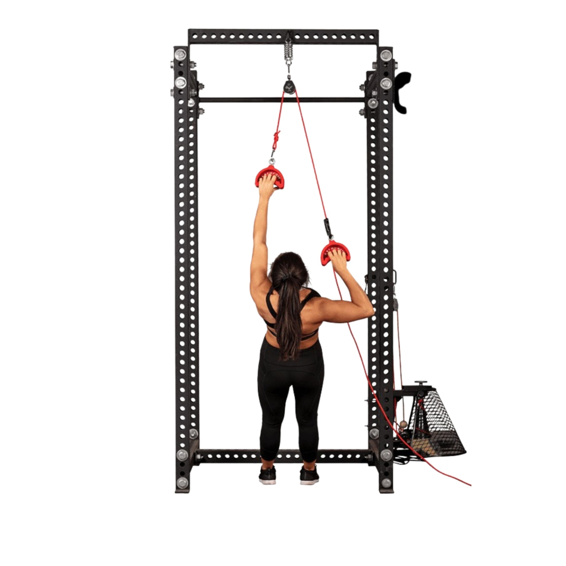 Woman performing overhead pulling exercise using EXERGRIP handles connected to resistance pulley system