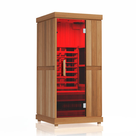 Finnmark FD-1 Full-Spectrum Infrared Sauna front view with red light and cedar finish.