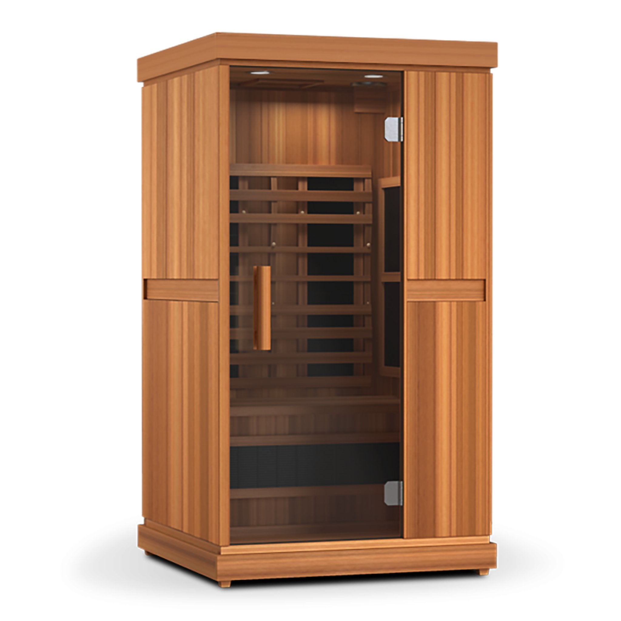 3D angled front view of the Finnmark FD-1 infrared sauna with a wooden exterior and glass door on a white background.