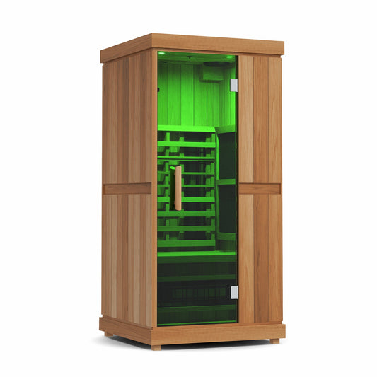 Finnmark FD-1 full-spectrum infrared sauna shown from the front, featuring a wood exterior and green-lit interior on a white background.