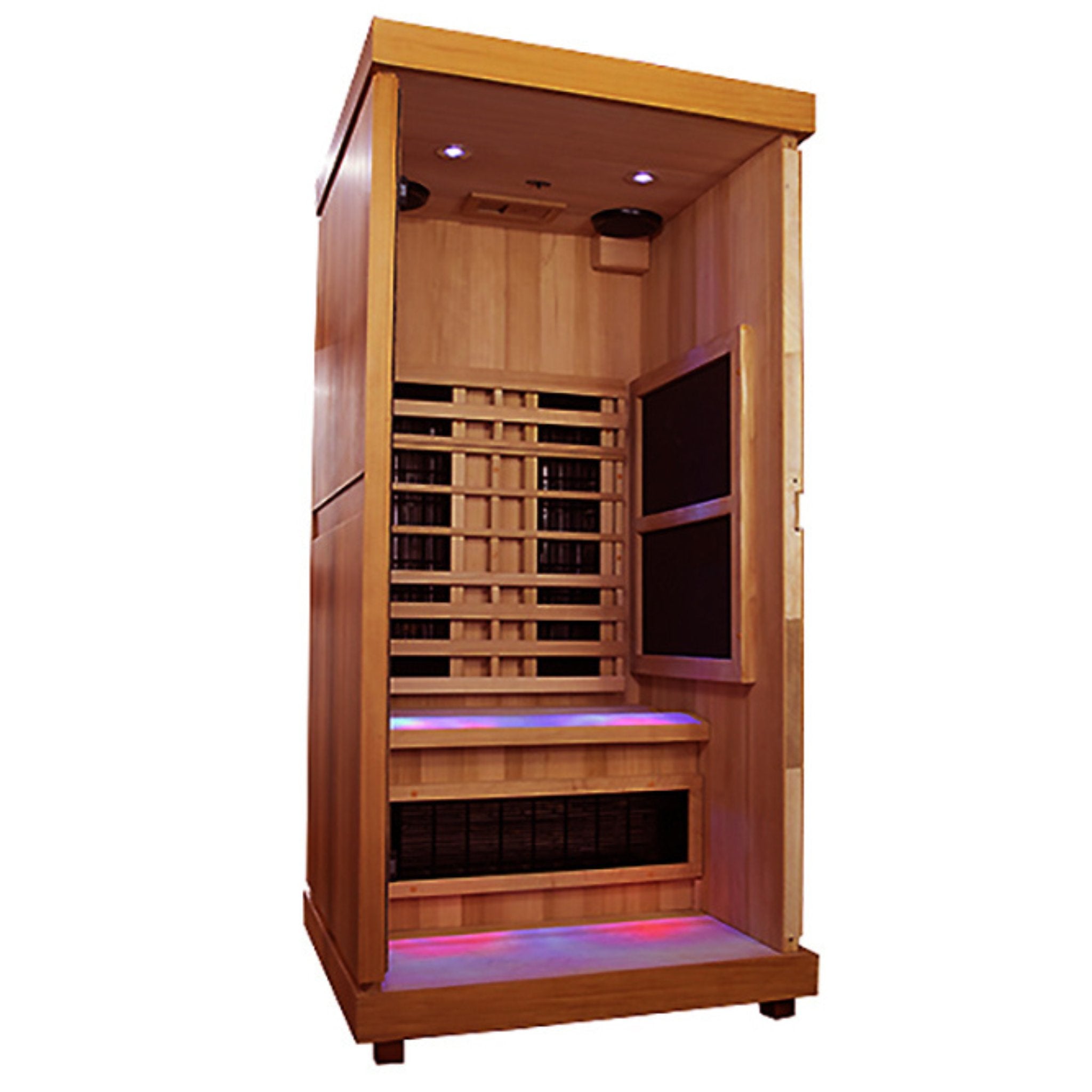 Interior view of the Finnmark FD-1 infrared sauna with a wooden exterior and glass door on a white background.