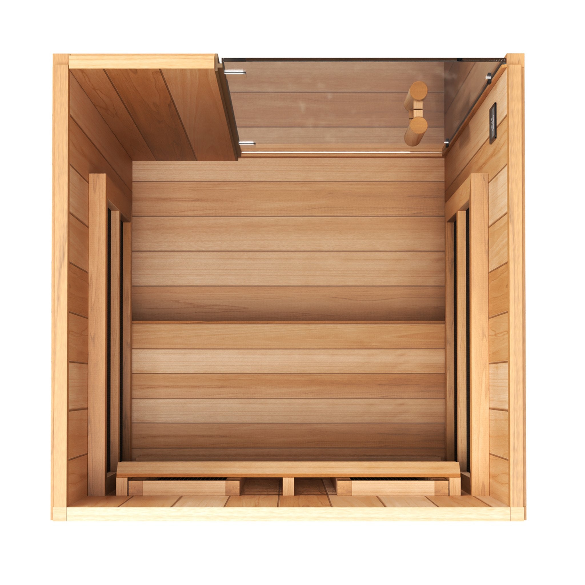 Overhead view of a wooden sauna interior showing a glass door at the entrance and a wooden bench positioned along the back wall, displayed on a white background.