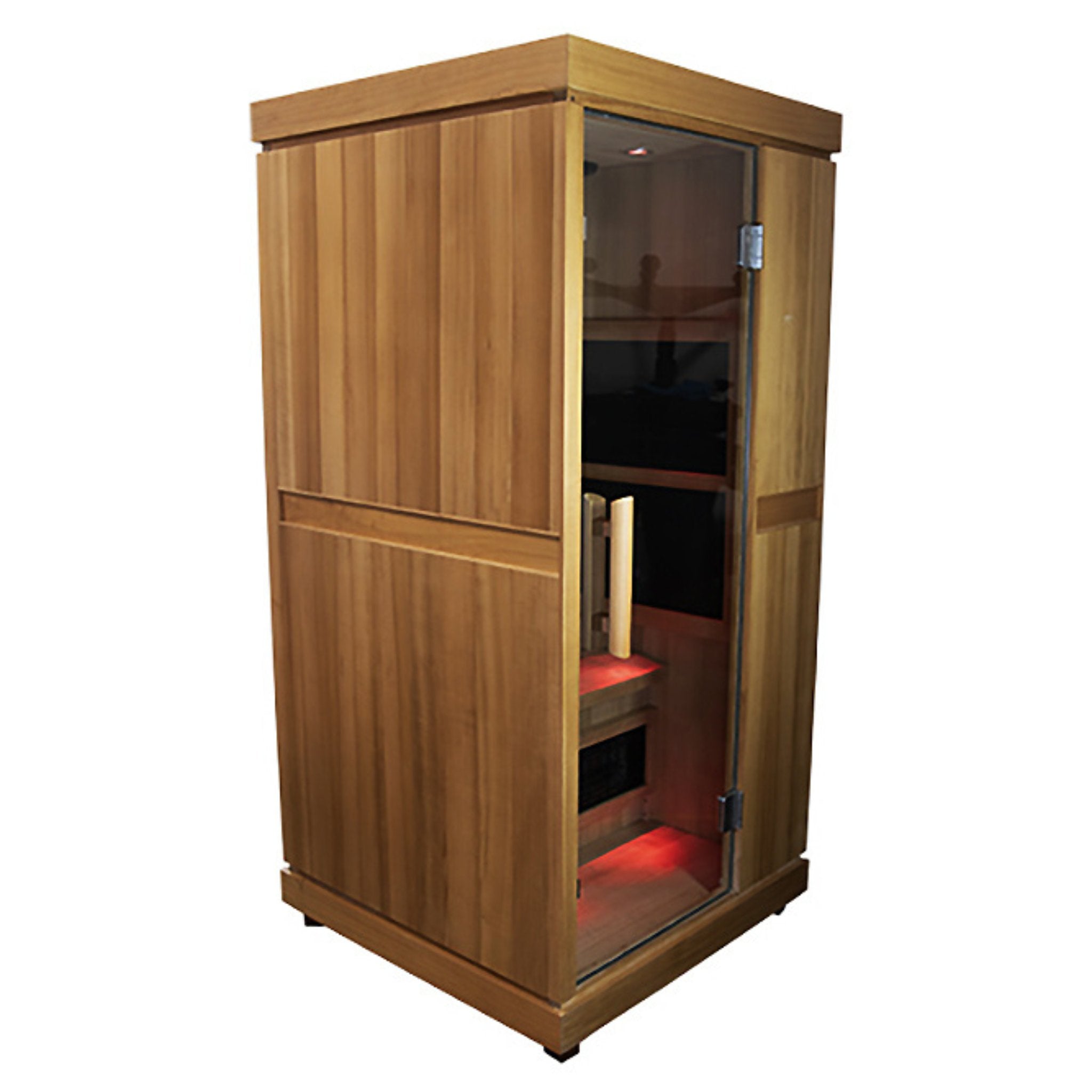 Angled view of the Finnmark FD-1 infrared sauna featuring a wooden exterior and glass door on a white background.