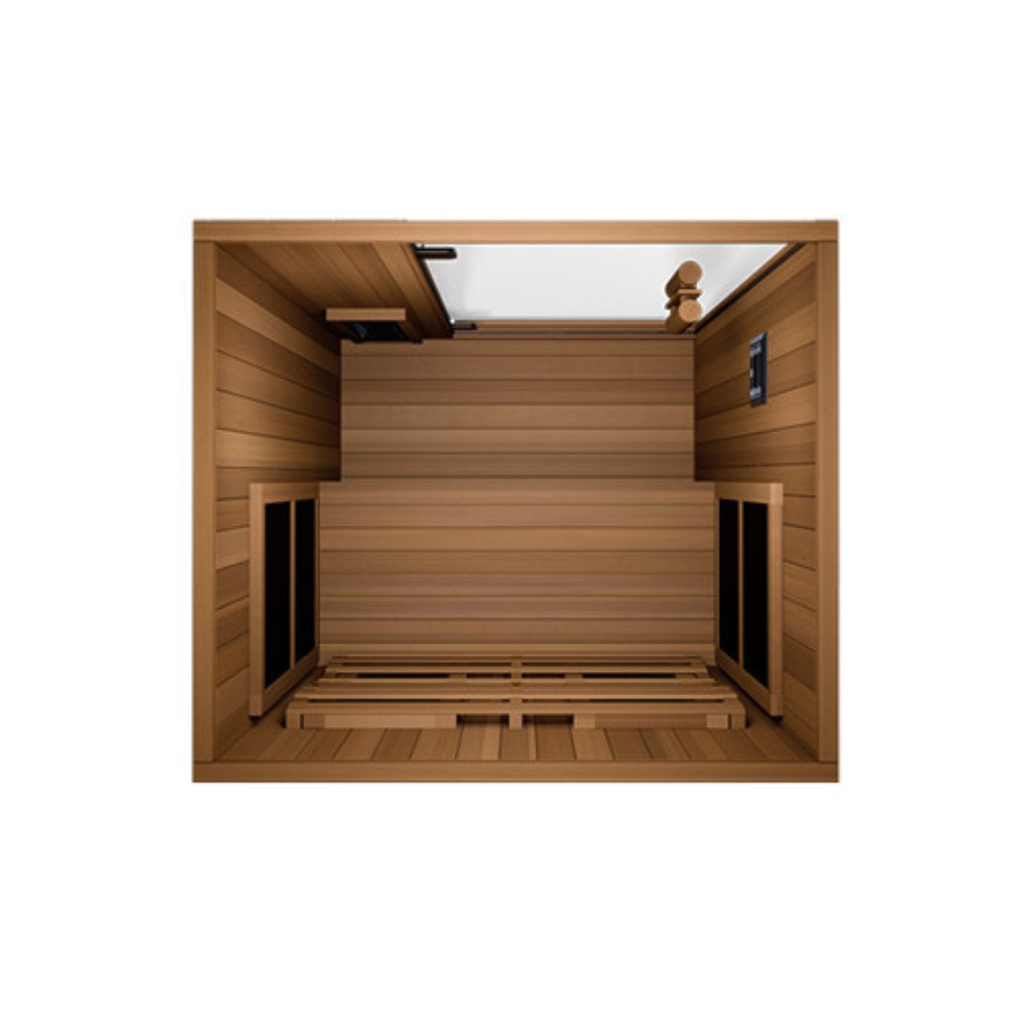 Top-down view of the Finnmark FD-1 infrared sauna showing the wooden interior and bench on a white background.
