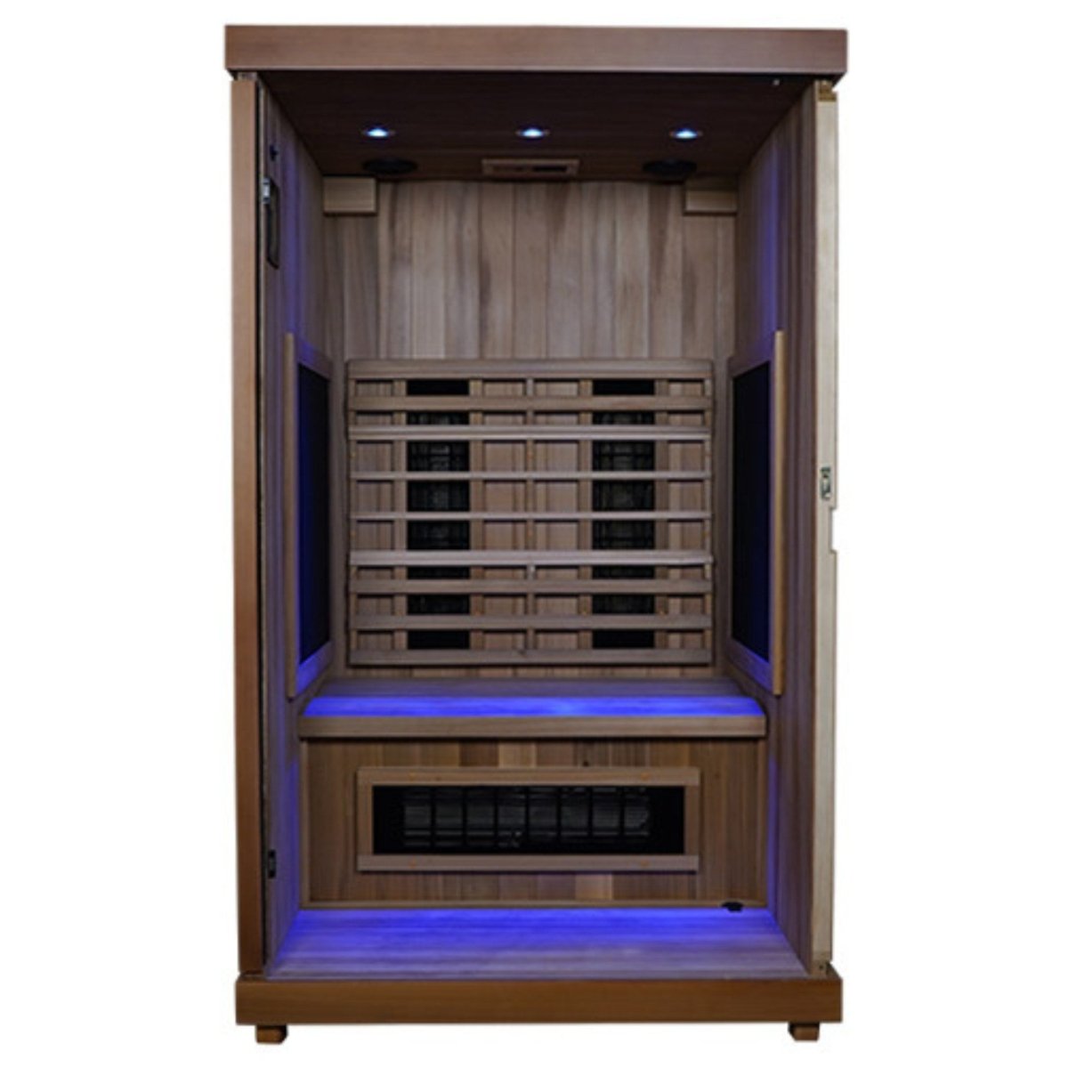 Front view of the Finnmark FD-2 infrared sauna showing blue interior lighting, heating panels, and a closed glass door on a white background.