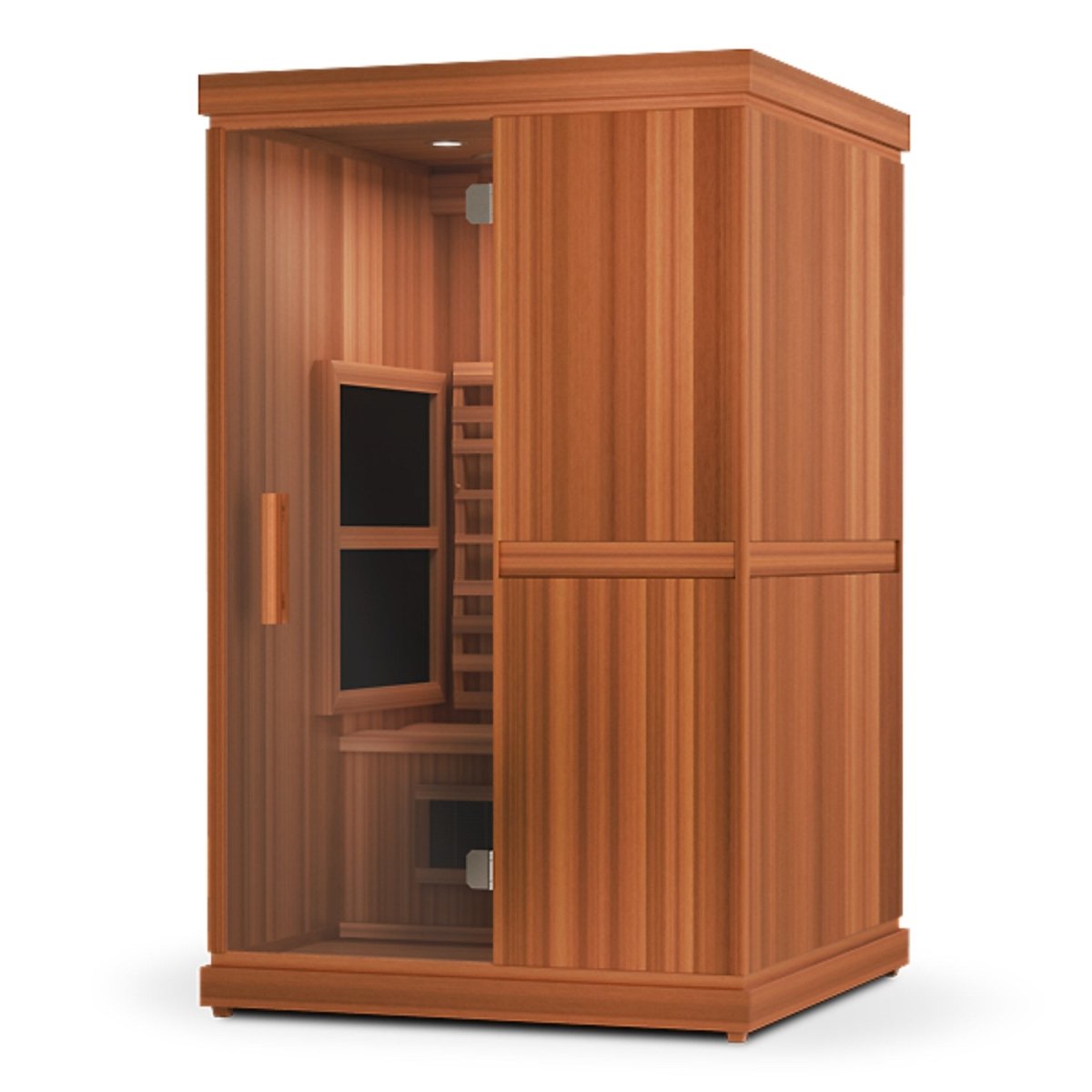 Angled front view of the Finnmark FD-2 infrared sauna with a closed glass door and wooden exterior on a white background.