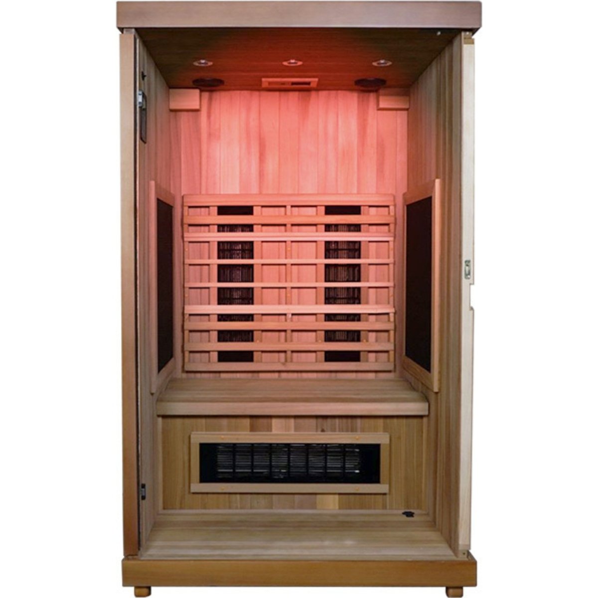 Close-up front view of the Finnmark FD-2 infrared sauna’s heating panels and wooden interior on a white background.